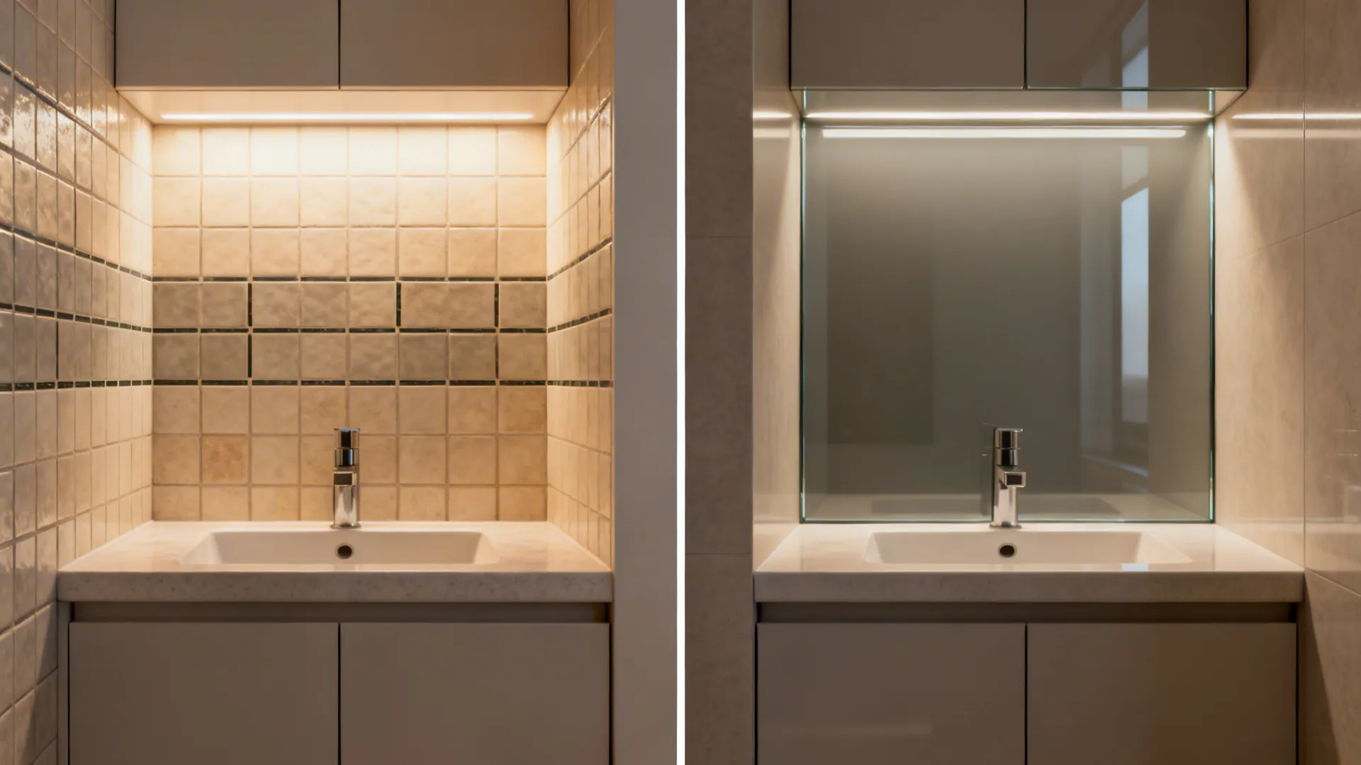Before-and-after sink wall comparison showing tiles versus seamless warm grey glass panel.