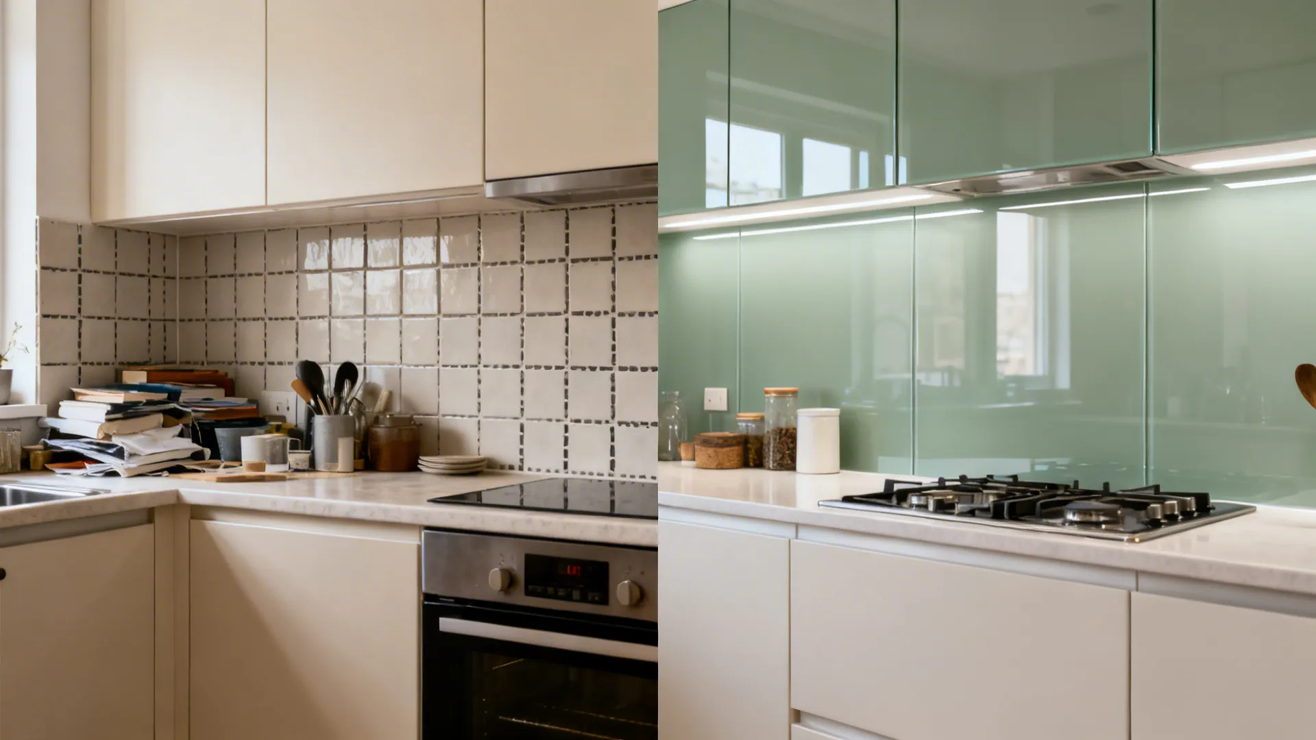 Before-and-after small kitchen showing matte tile vs. sleek sage glass backsplash transformation.