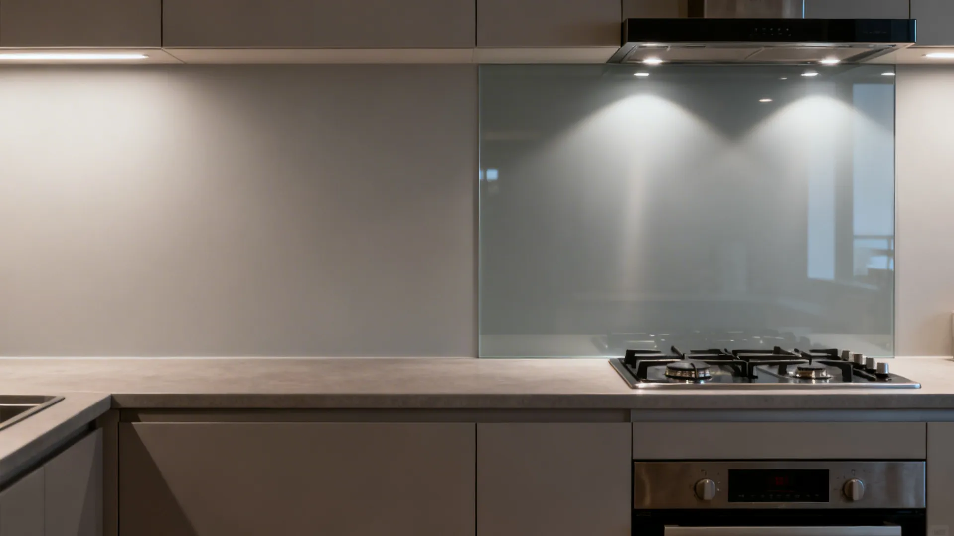 Before-and-after of a cooktop wall transformed by soft-grey back-painted glass.