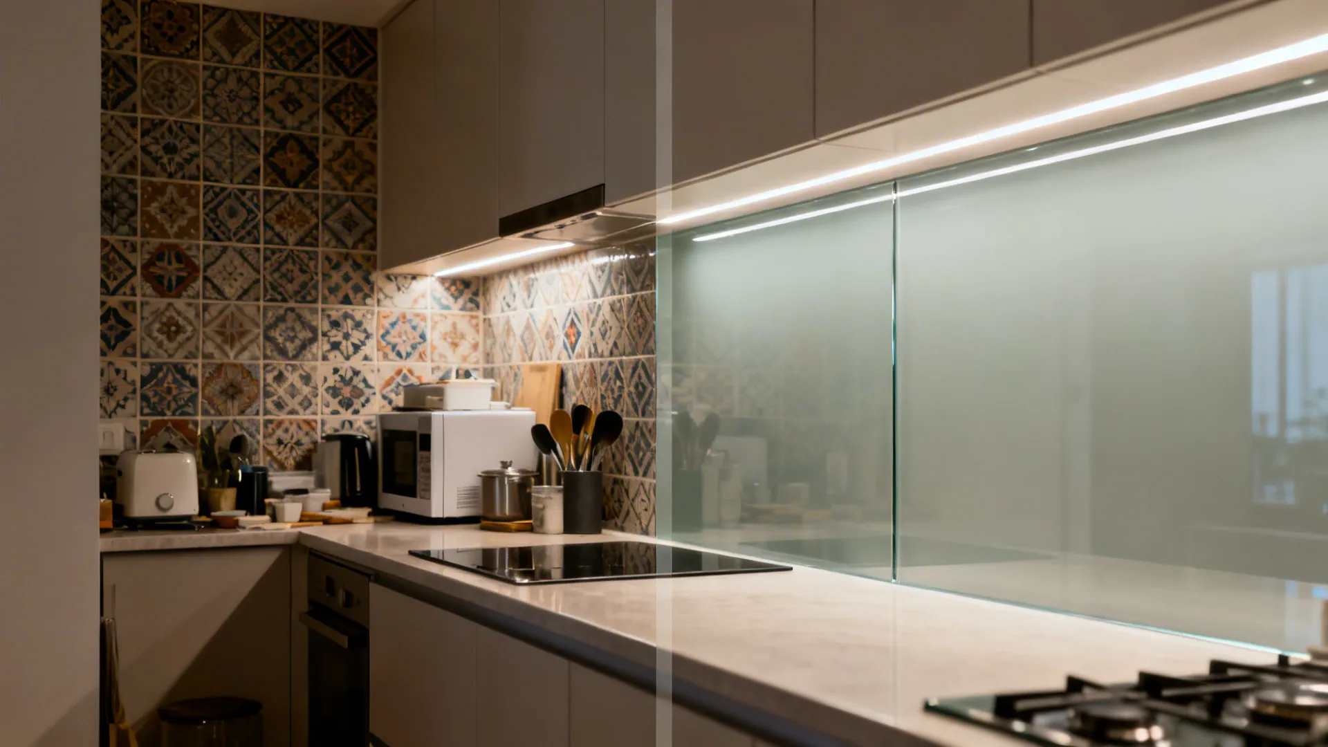 Before-and-after of small kitchen backsplash changing from tile to continuous glass with clean counters.
