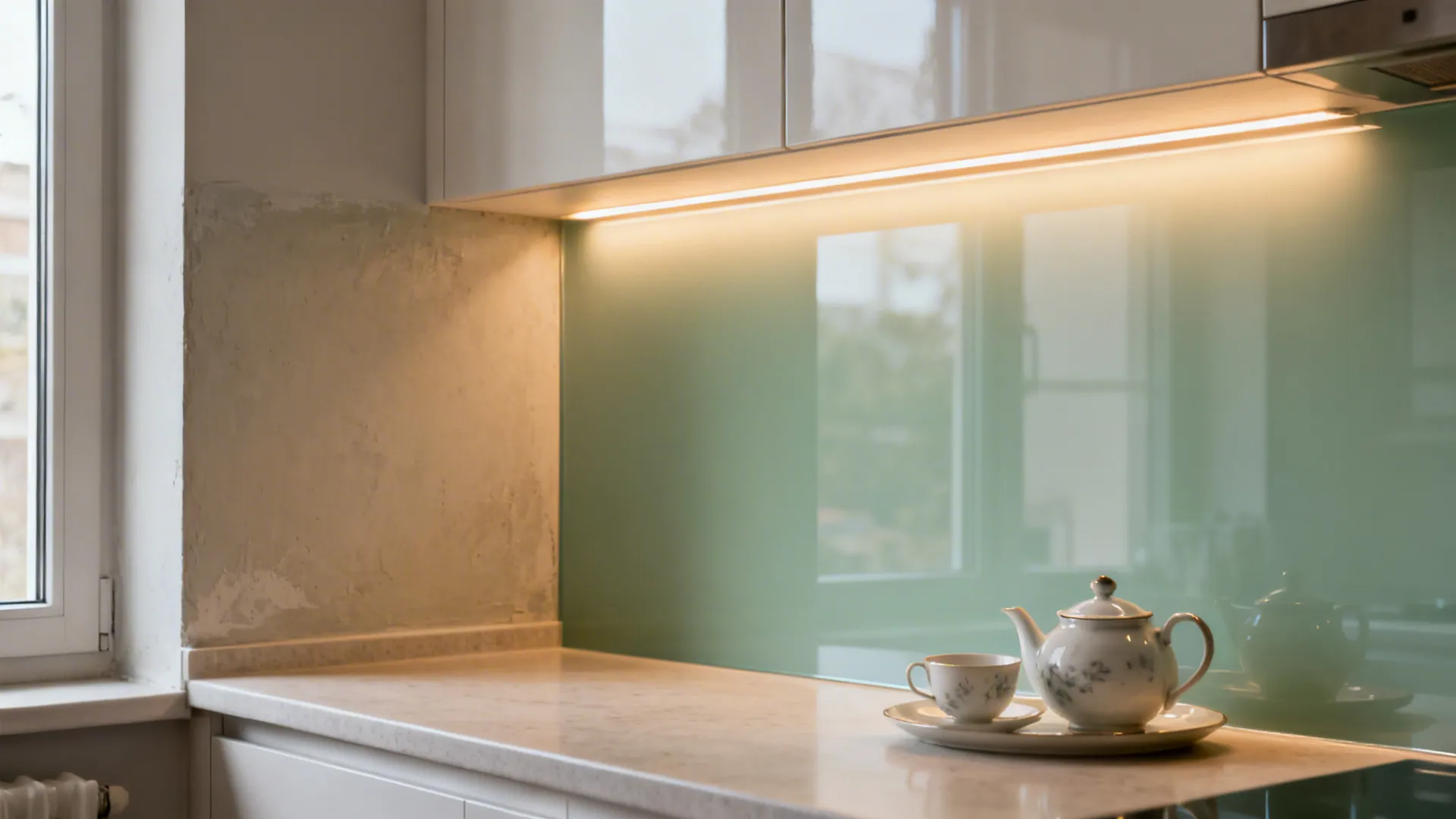 Glass backsplash with under-cabinet lighting