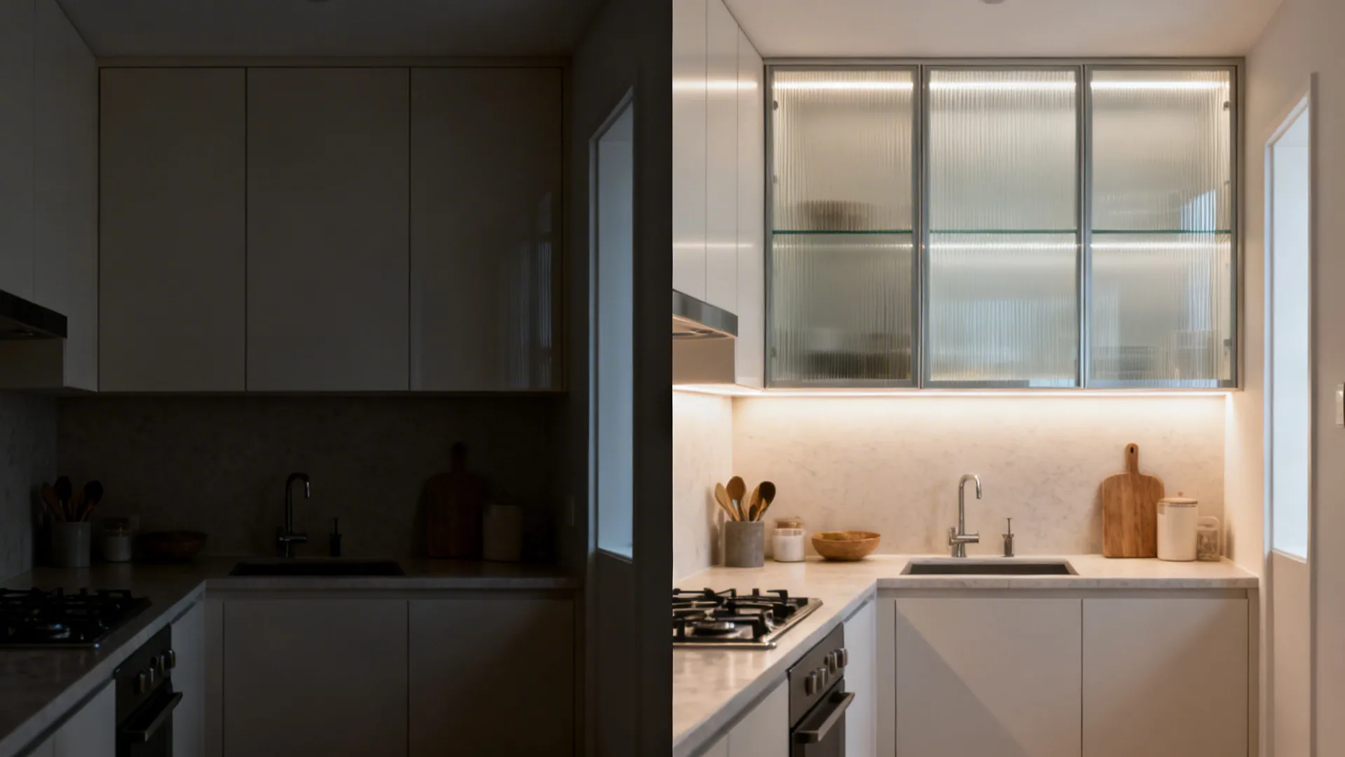 Before-and-after of a small kitchen switching from opaque doors to illuminated glass fronts.