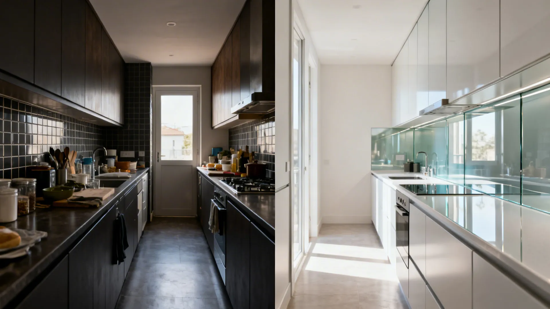 Before a dark galley, after a bright glass backsplash that reflects light.