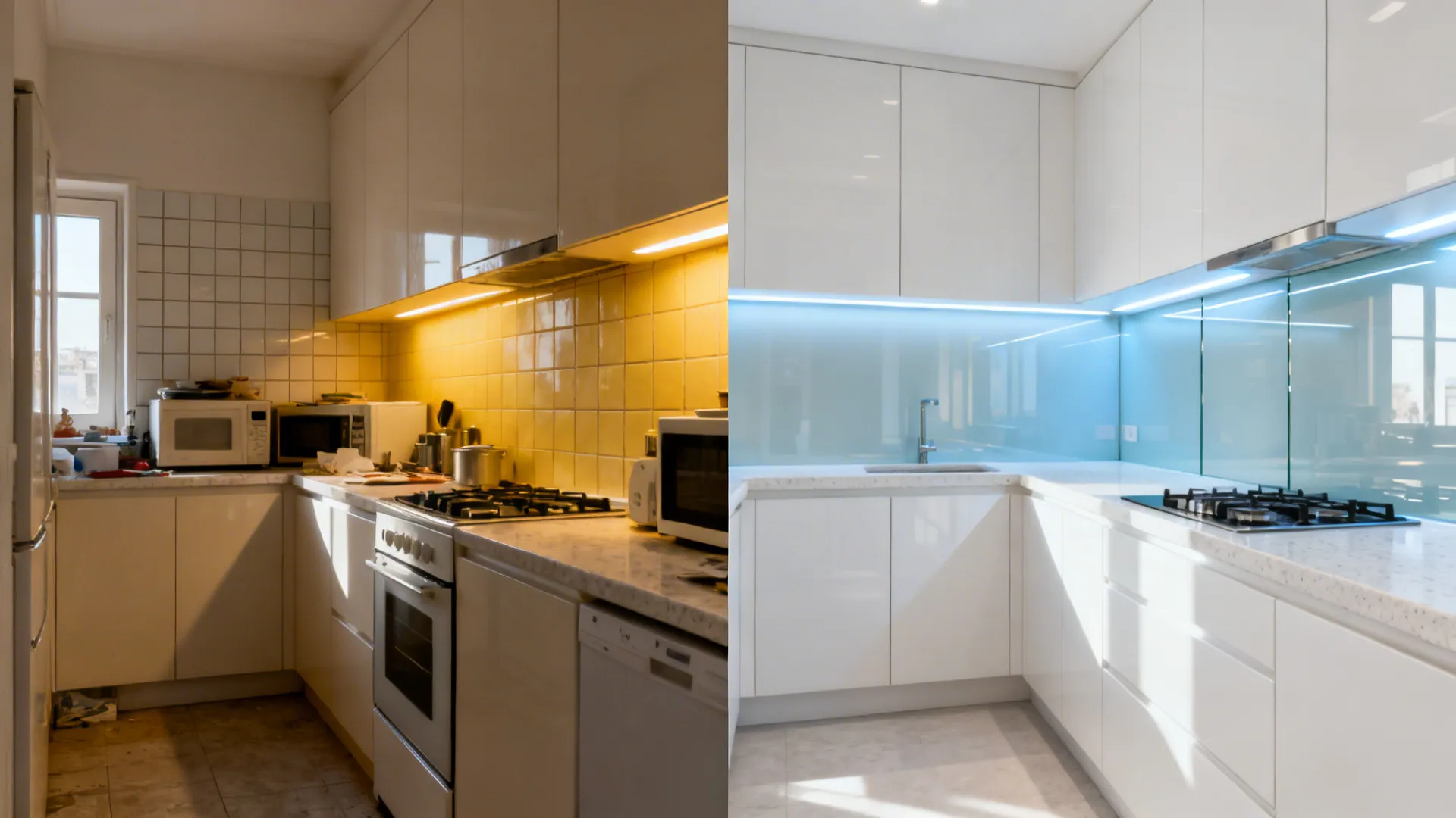 Before-and-after comparison of a small kitchen, replacing tiled backsplash with glossy glass for brighter reflections.