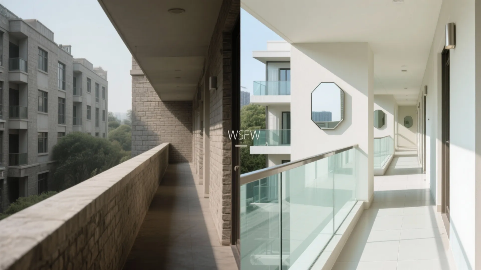 Before and after comparison of a dark brick balcony versus a bright white modern design