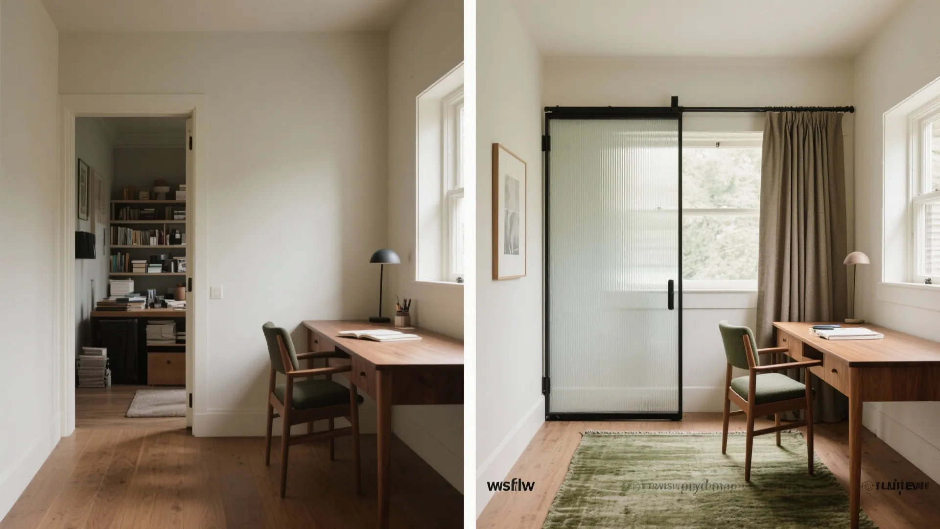 Before-and-after comparison of a home office featuring a new glass sliding door and green rug