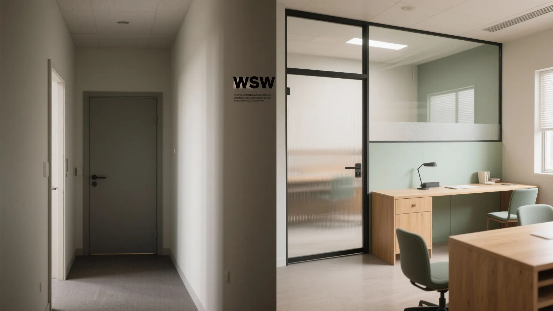 Before and after comparison showing a dark empty hallway versus a bright modern office room