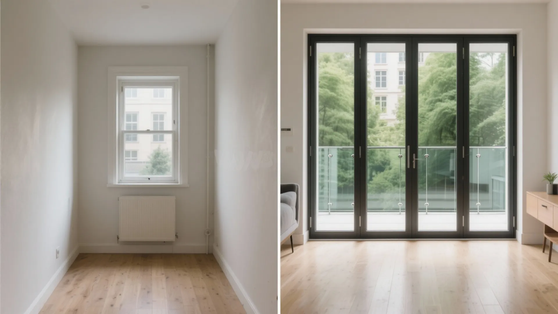 Before and after comparison of small white room with window versus large black folding doors