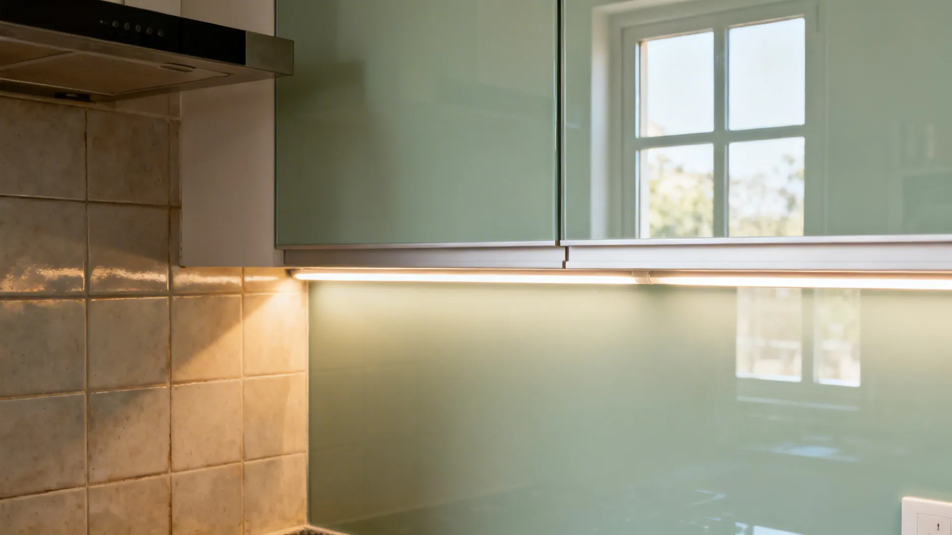 Before-and-after of a kitchen backsplash changing from dull tiles to reflective pale sage glass.