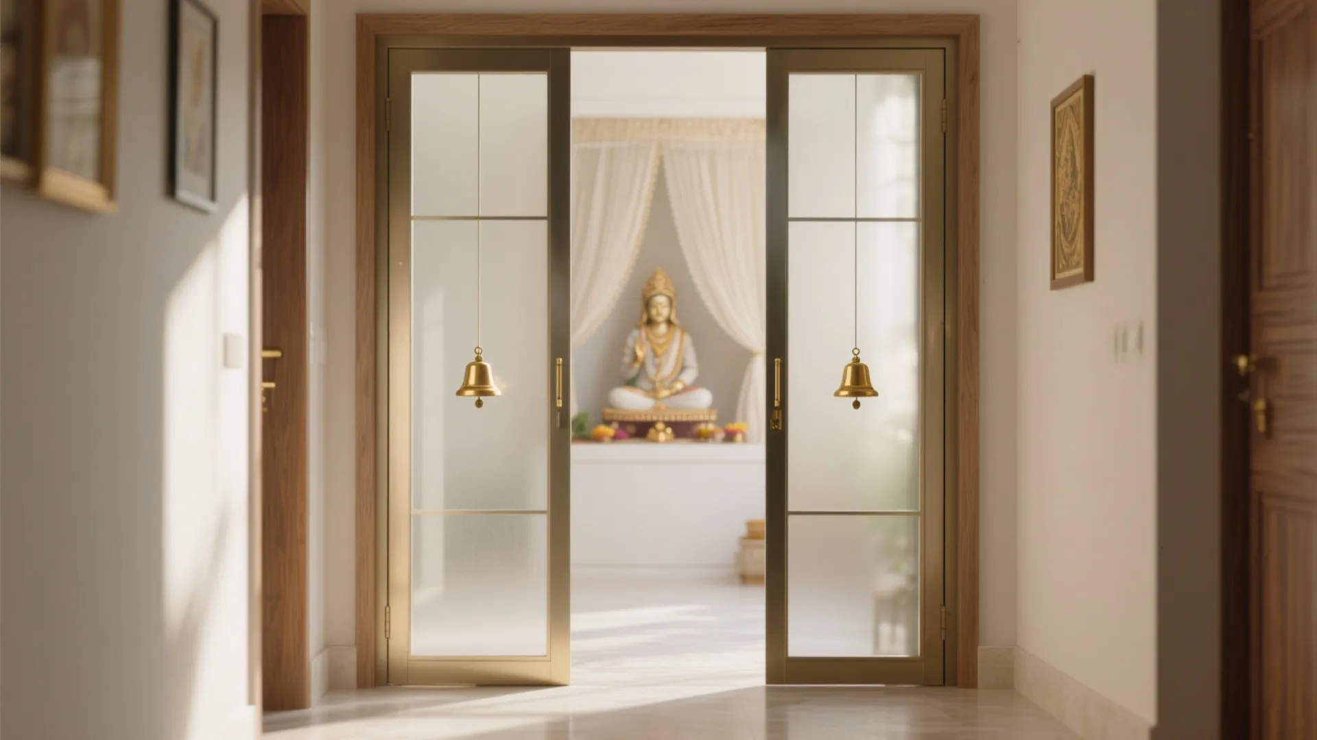 Two glass doors with brass bells hanging in front of a white interior prayer room