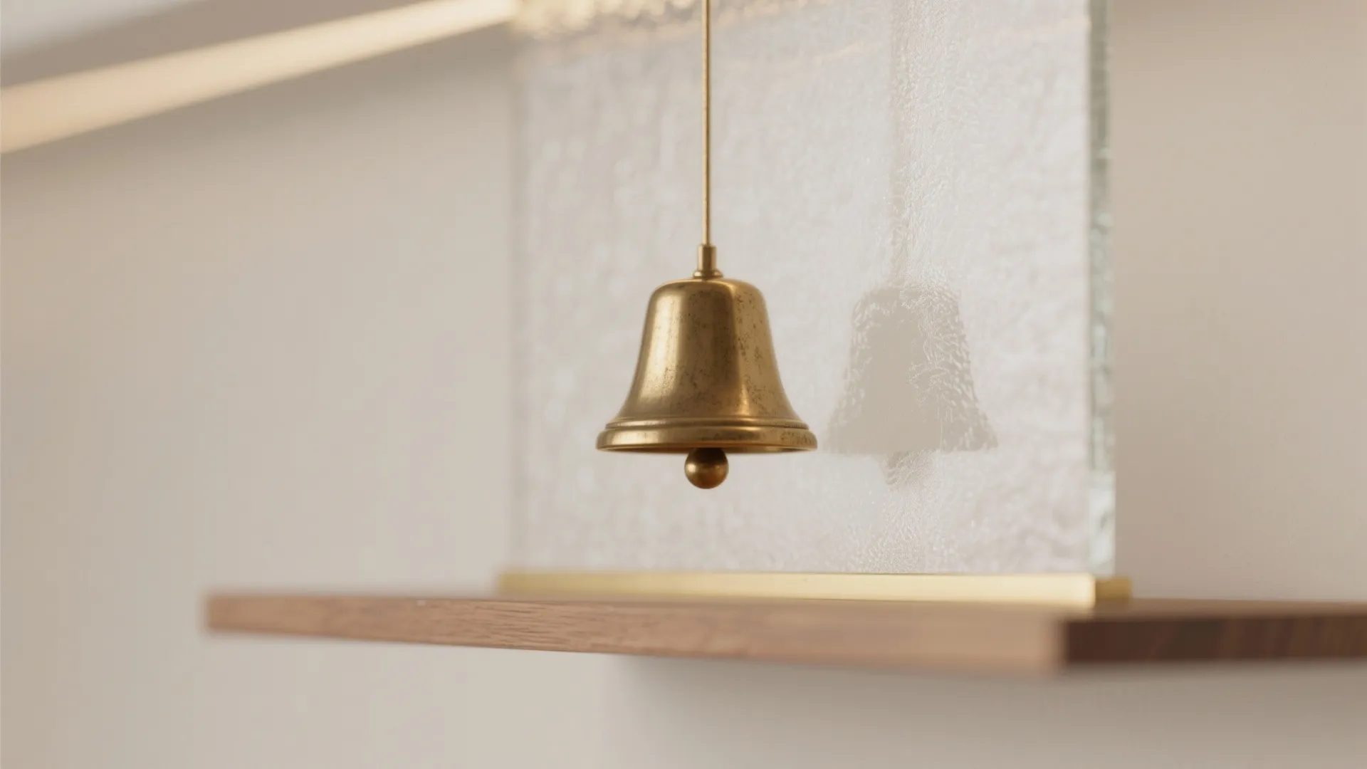 Glass-backed mandir with a single statement bell