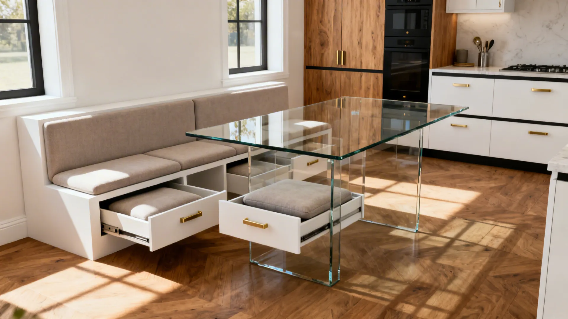 4) Glass Table with Built-In Storage Bench