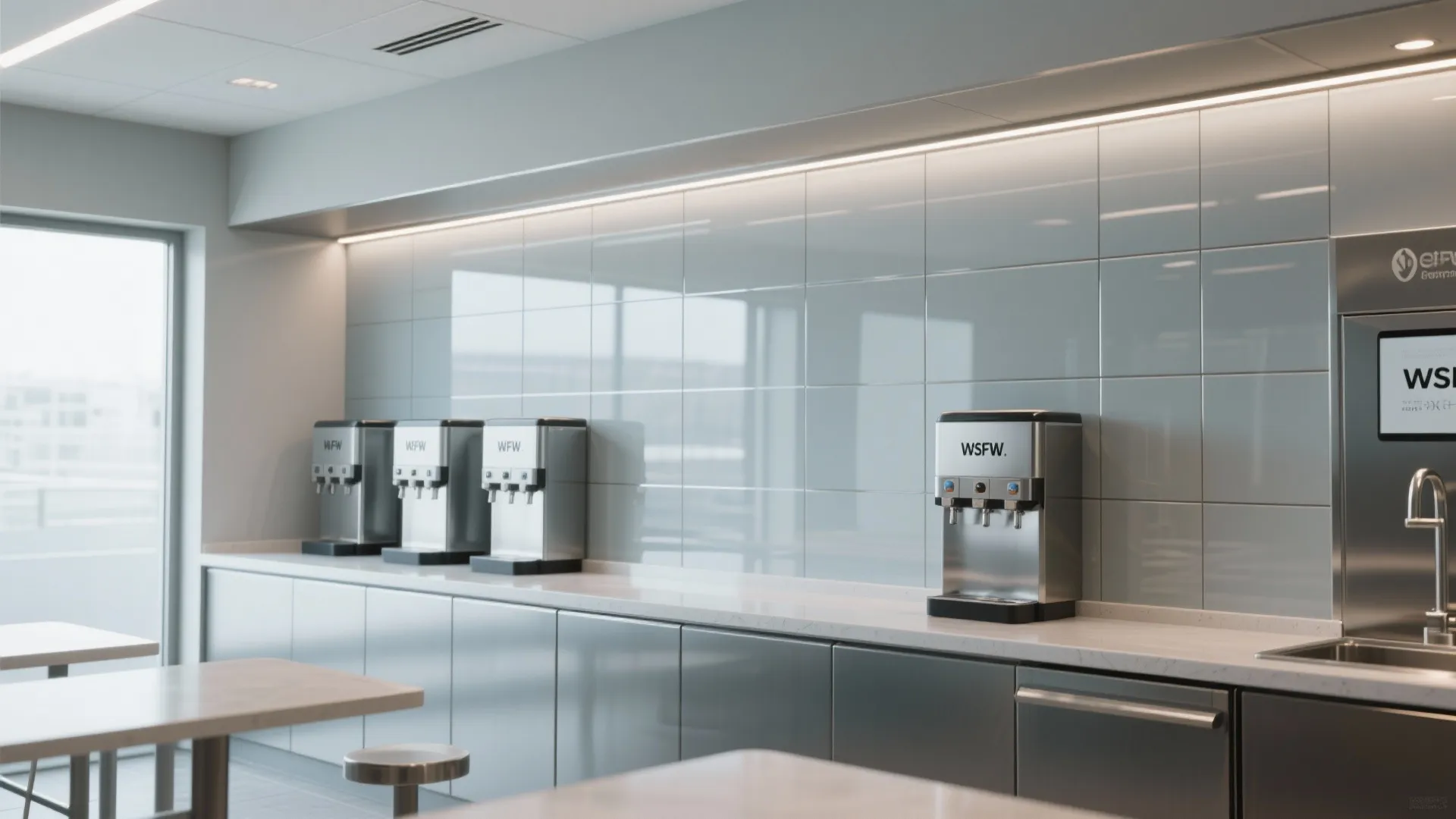 Bright office kitchen area featuring silver water dispensers on white counters with glossy wall tiles