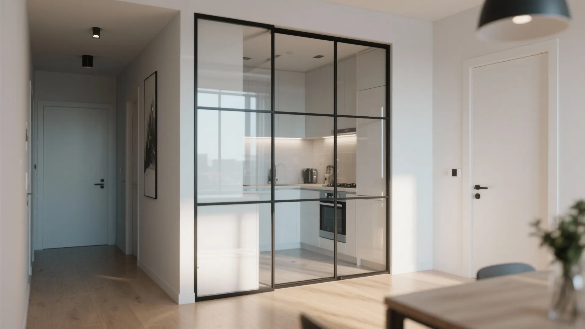Modern white kitchen seen through a black metal frame glass wall with light wood flooring