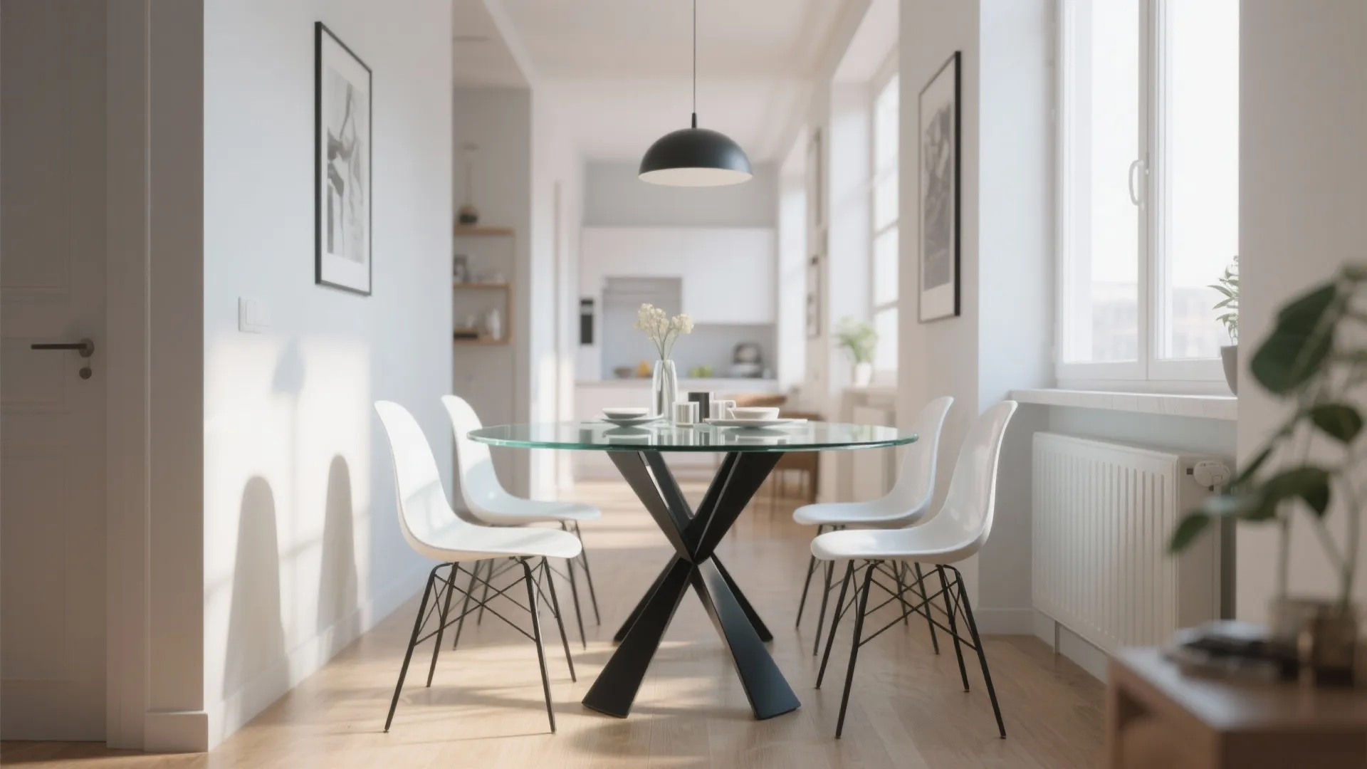 Bright dining area with glass table white chairs black ceiling light and large white windows