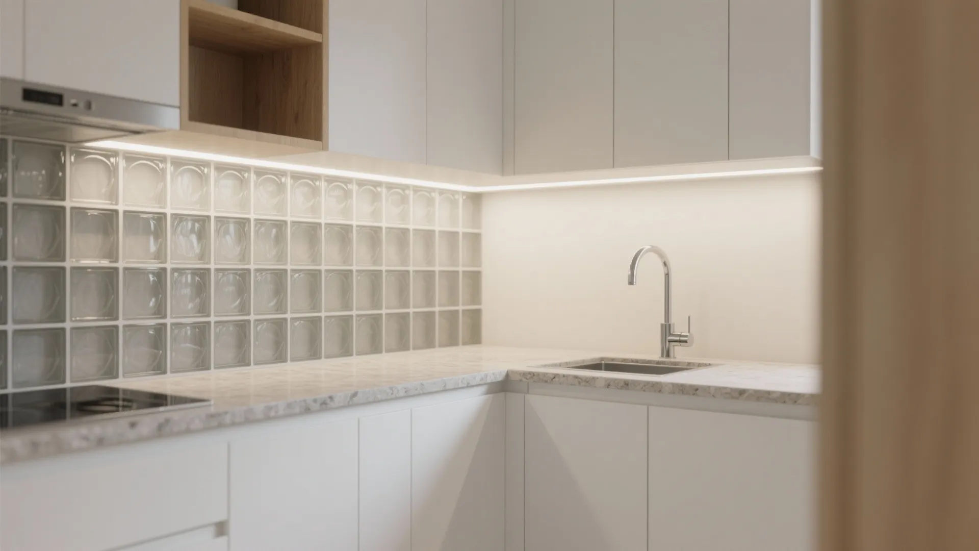 Minimalist glass block backsplash band