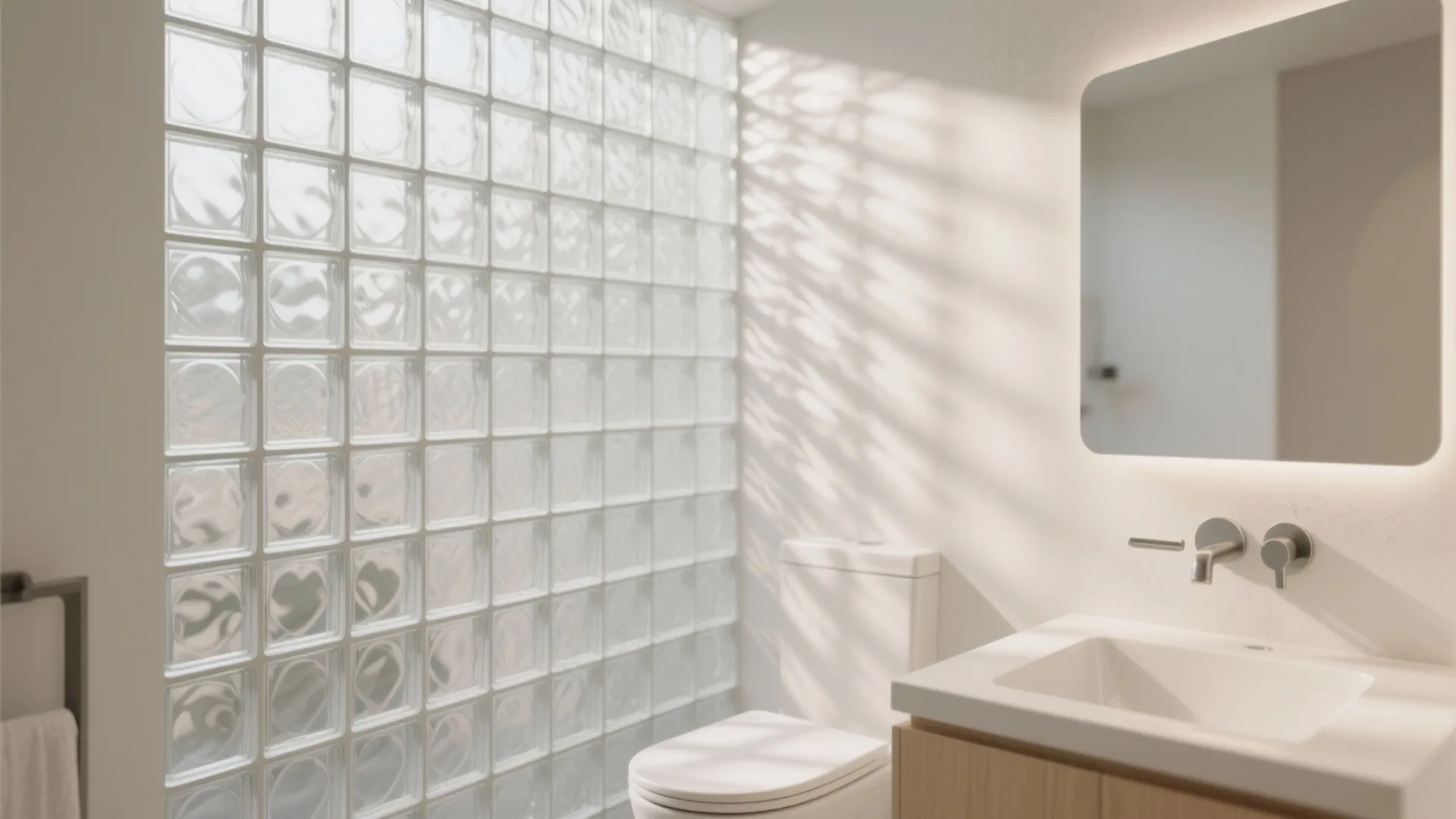 Minimalist bathroom interior featuring a glass block wall beside a white toilet and lighted mirror