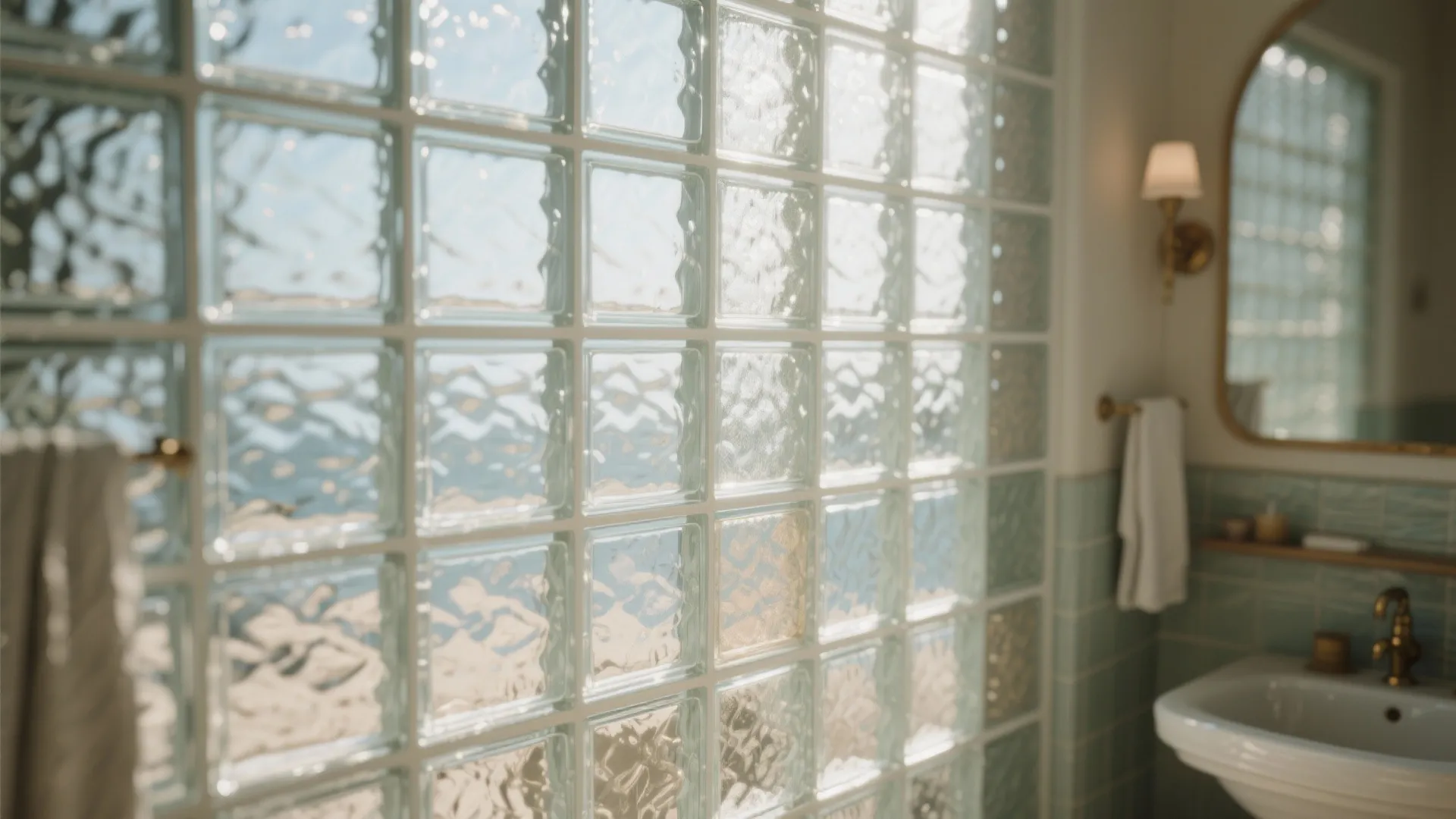 Bright bathroom featuring a large glass block wall with white sink mirror and a wall light