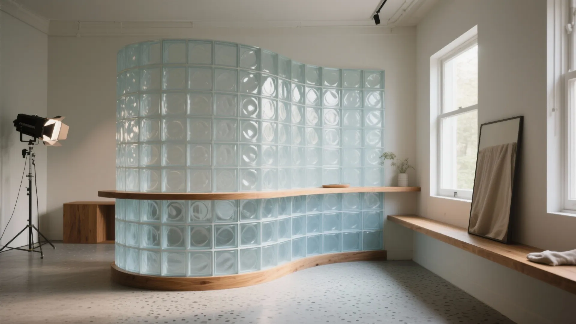 Minimalist interior with large curved blue glass block partition wall wooden shelf and bright natural light