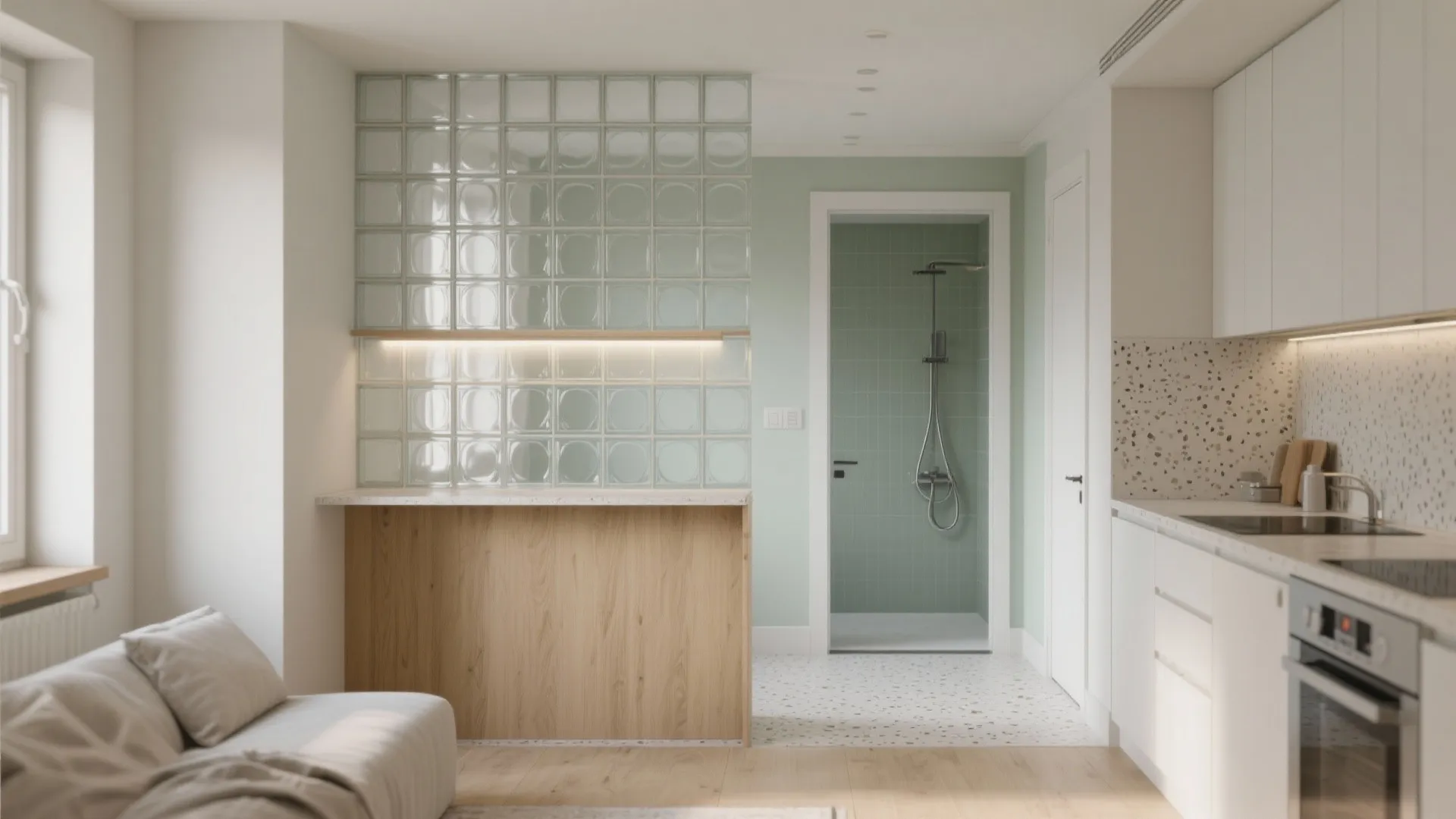 Modern apartment interior featuring glass block wall divider light wood cabinet and white kitchen cabinets