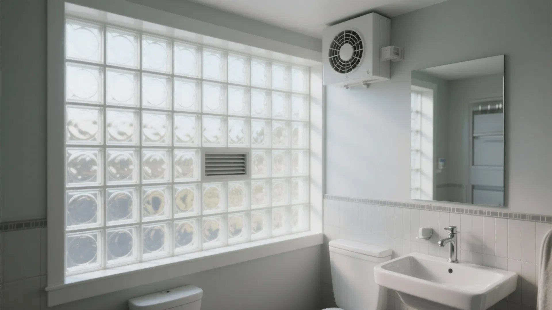 White bathroom featuring large glass block window with small vent wall fan sink and toilet