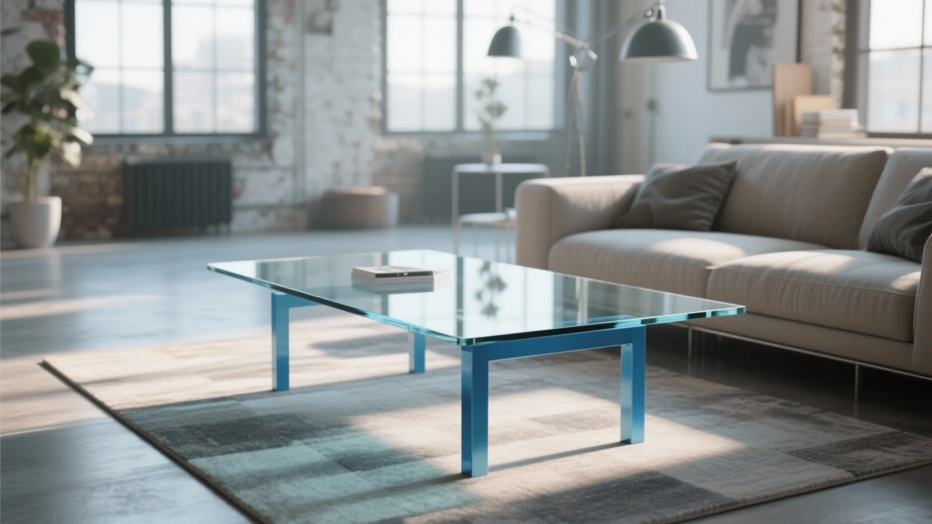 4. Glass-top table with blue metal legs