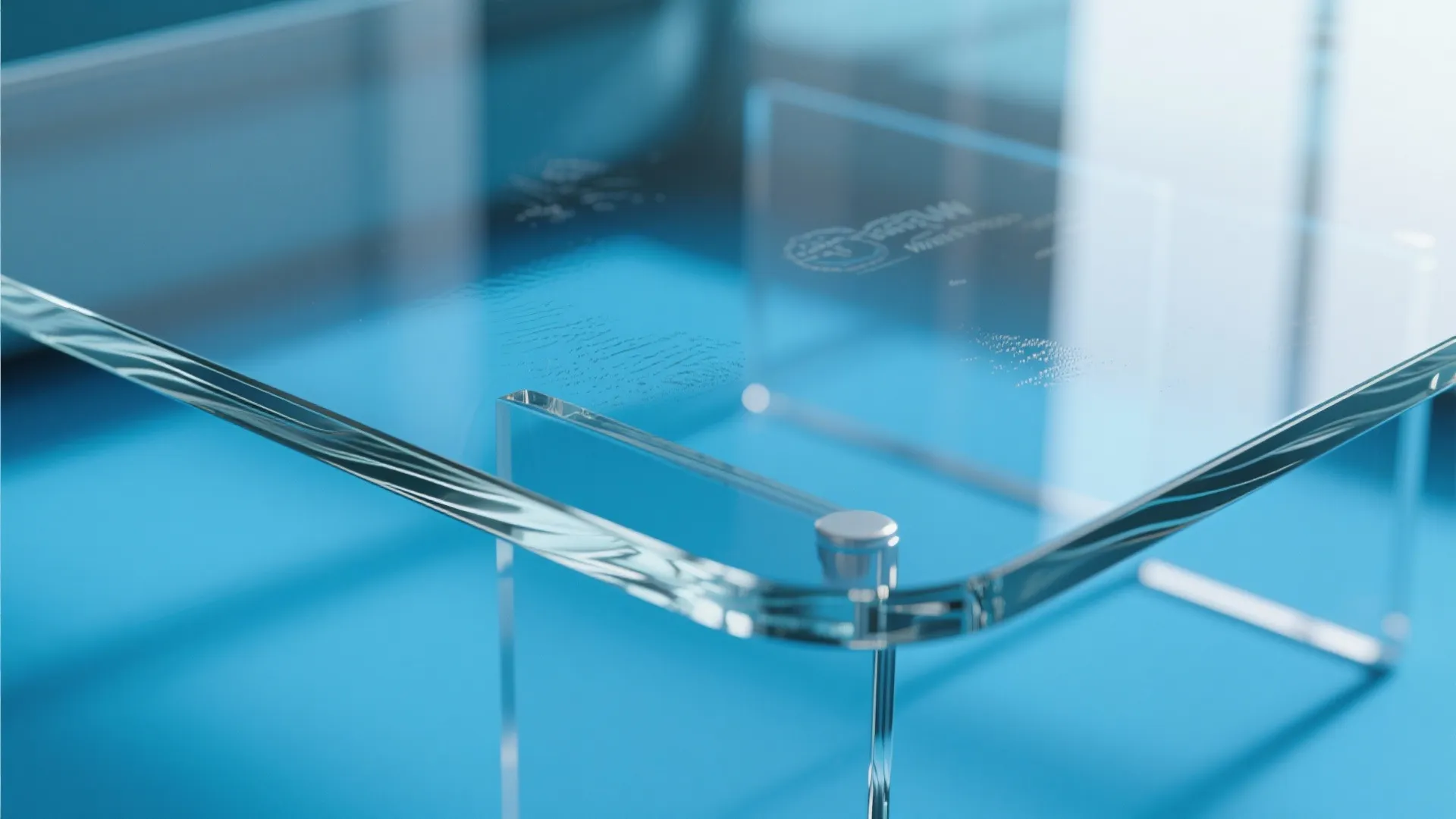 Close up of modern clear glass table surface showing light blue background and clean corners