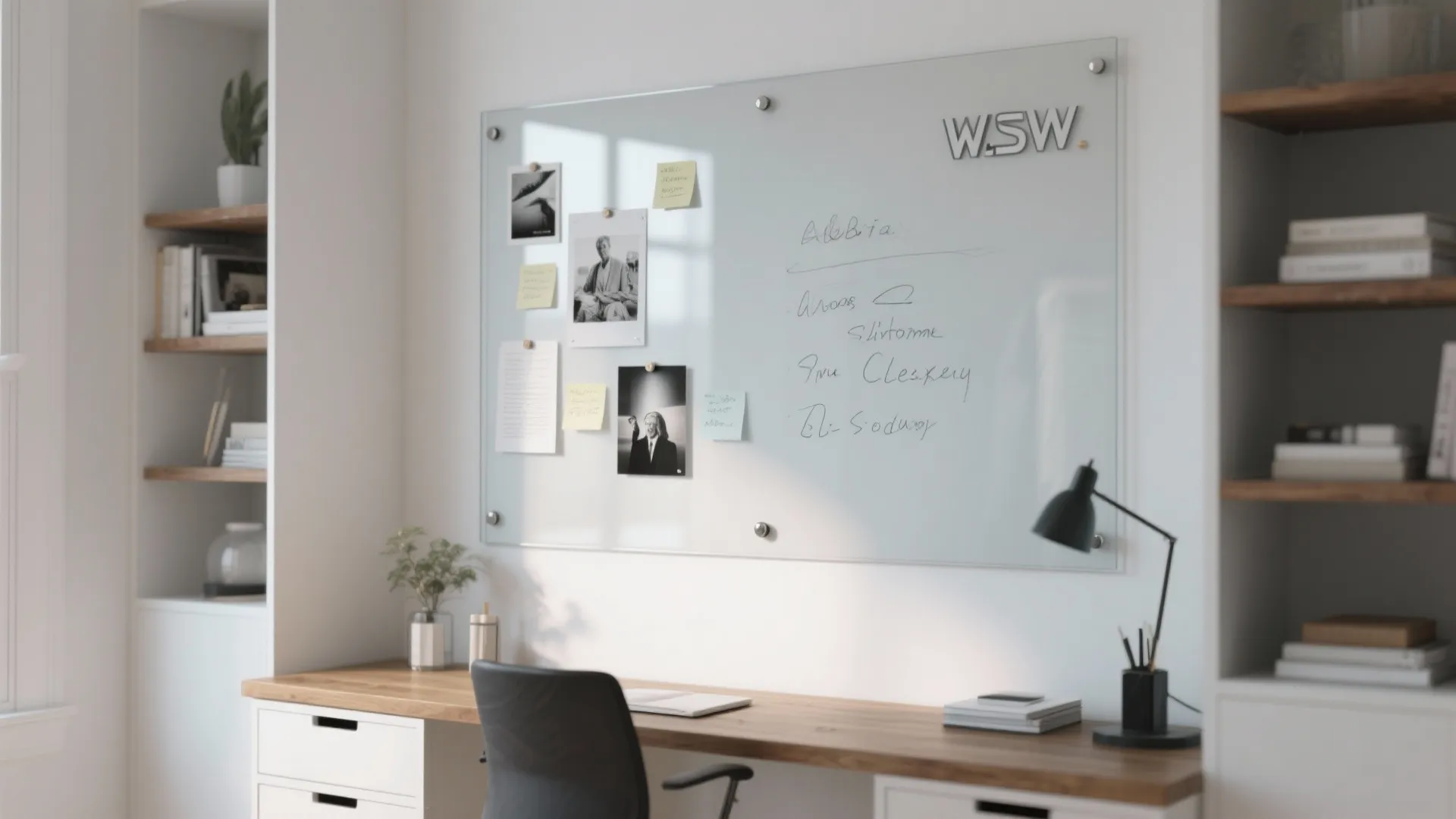 Home office with glass writing board mounted on wall above wood desk and black chair