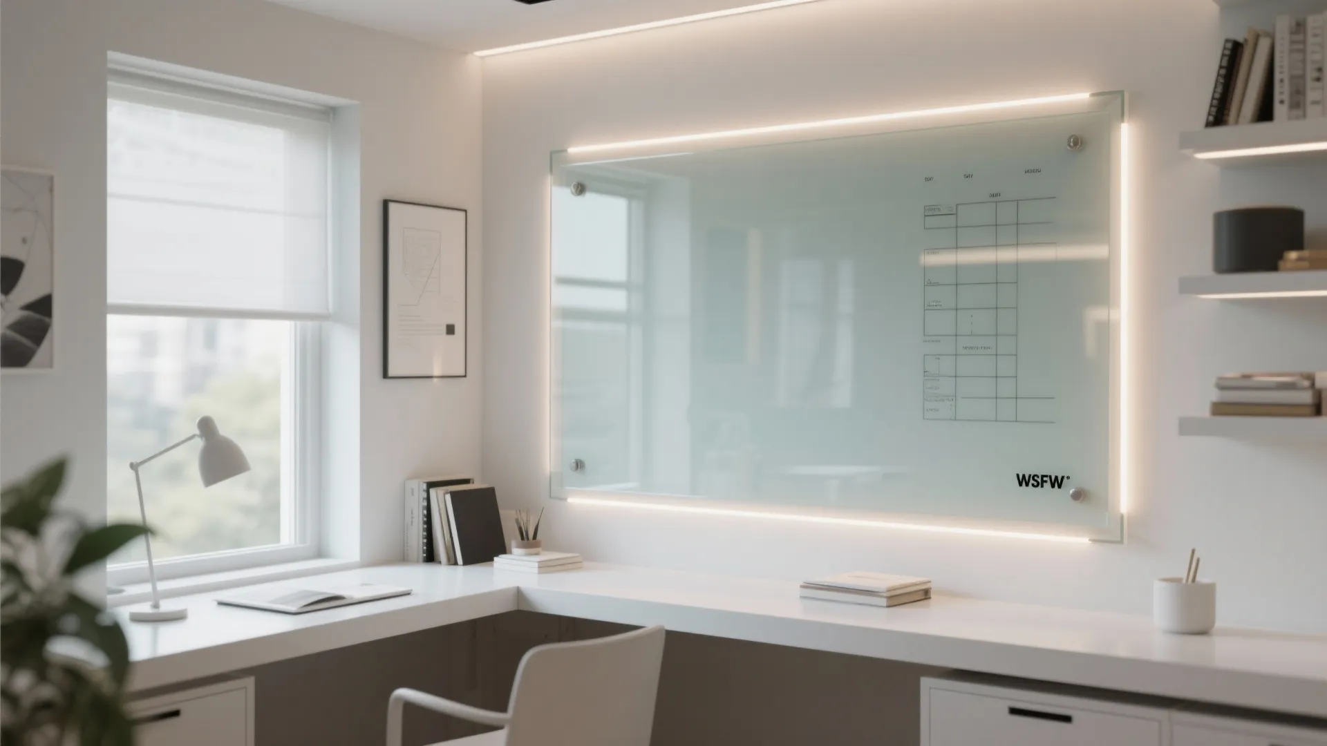 Modern home office featuring white desk glass board on wall window lamp and wooden shelves