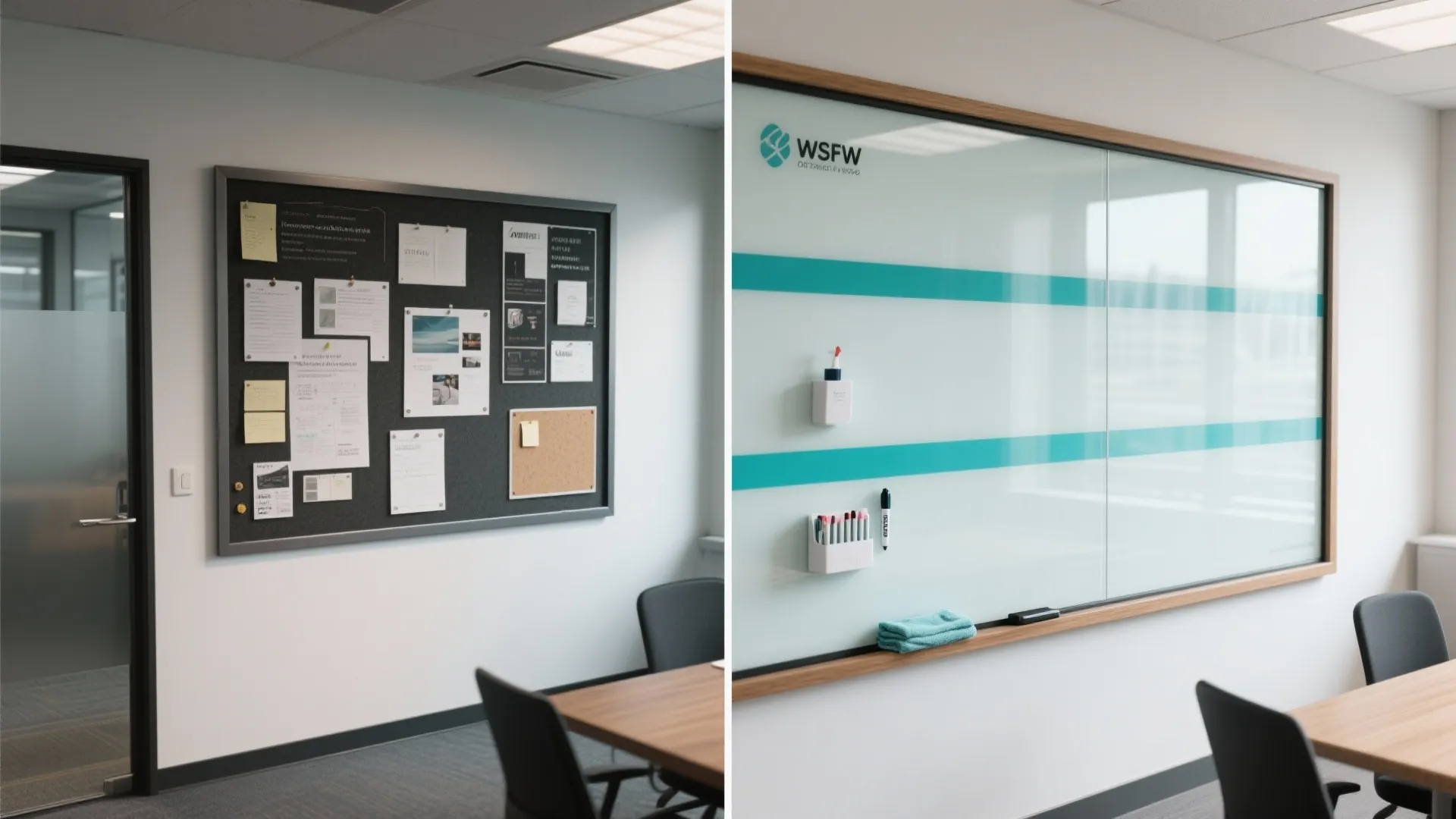 Office interior design showing comparison between black notice board and clean modern glass writing board