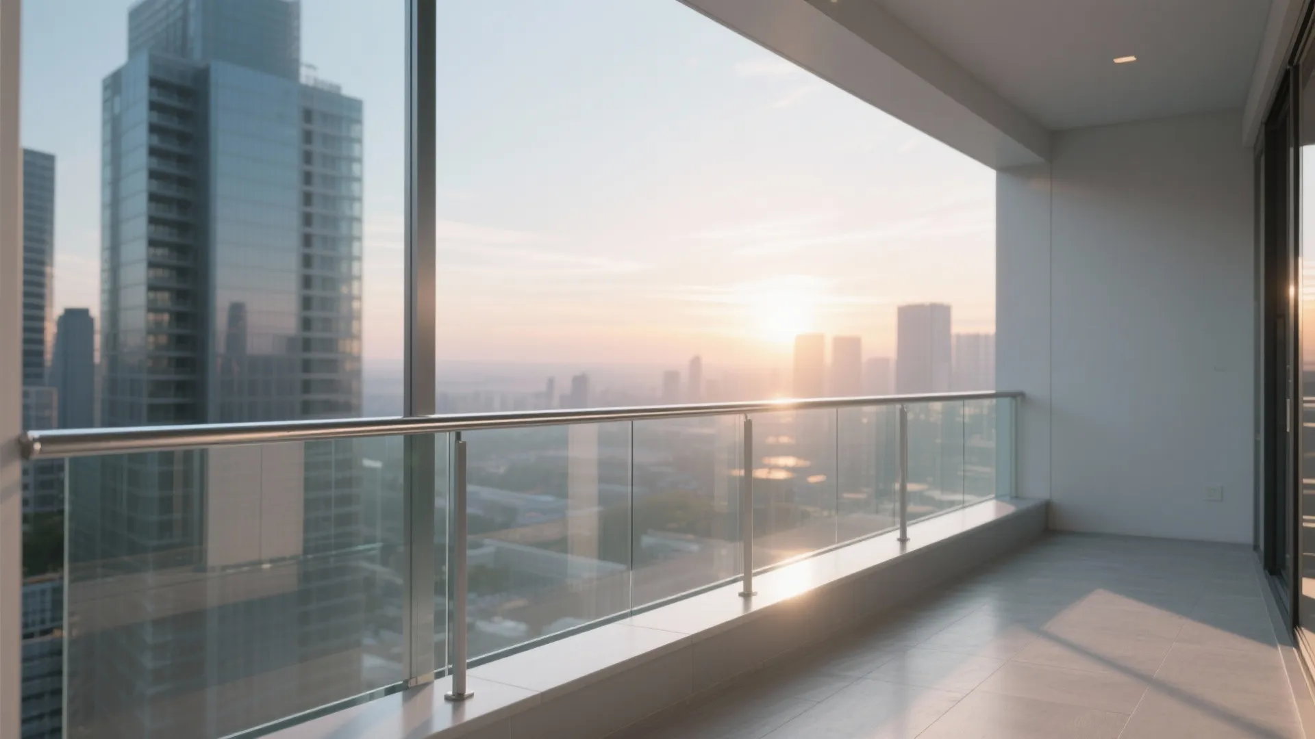 Modern empty balcony with glass railing overlooking city tall buildings during a bright orange sunset
