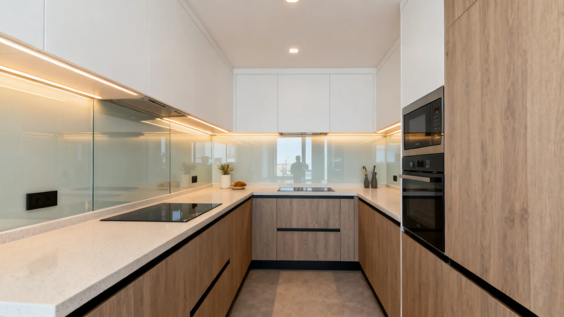 Small kitchen with a low-iron glass backsplash reflecting warm under-cabinet lights and brightening the room.