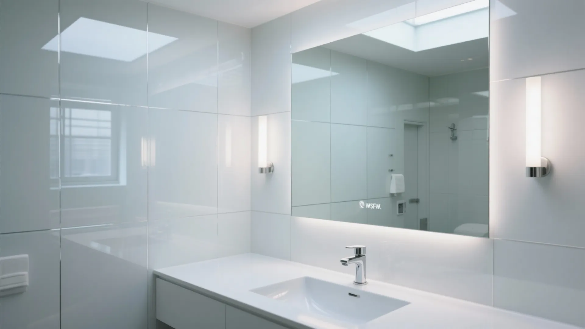 Modern white bathroom with large mirror bright wall lights white tiles and a clean sink