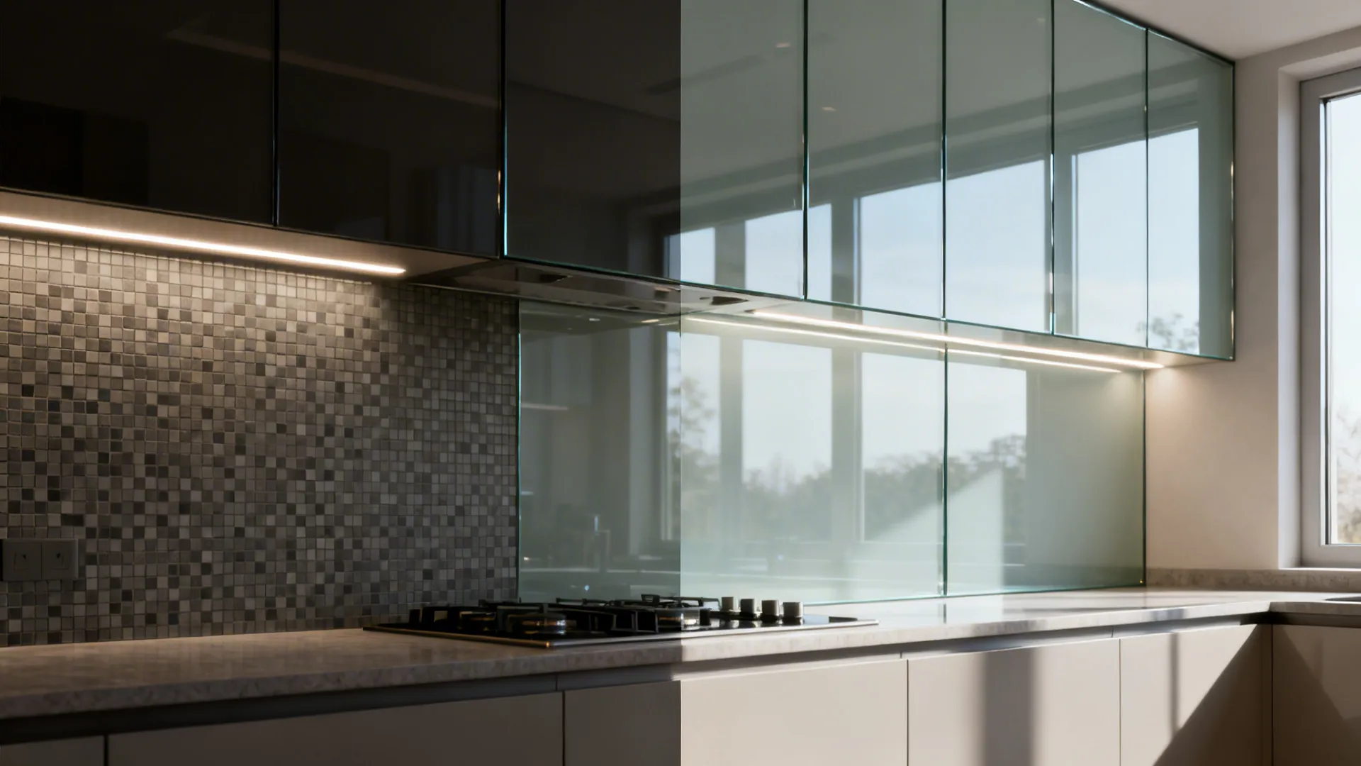 Before-and-after of a small kitchen backsplash from matte mosaic to glossy glass panels that brighten the room.