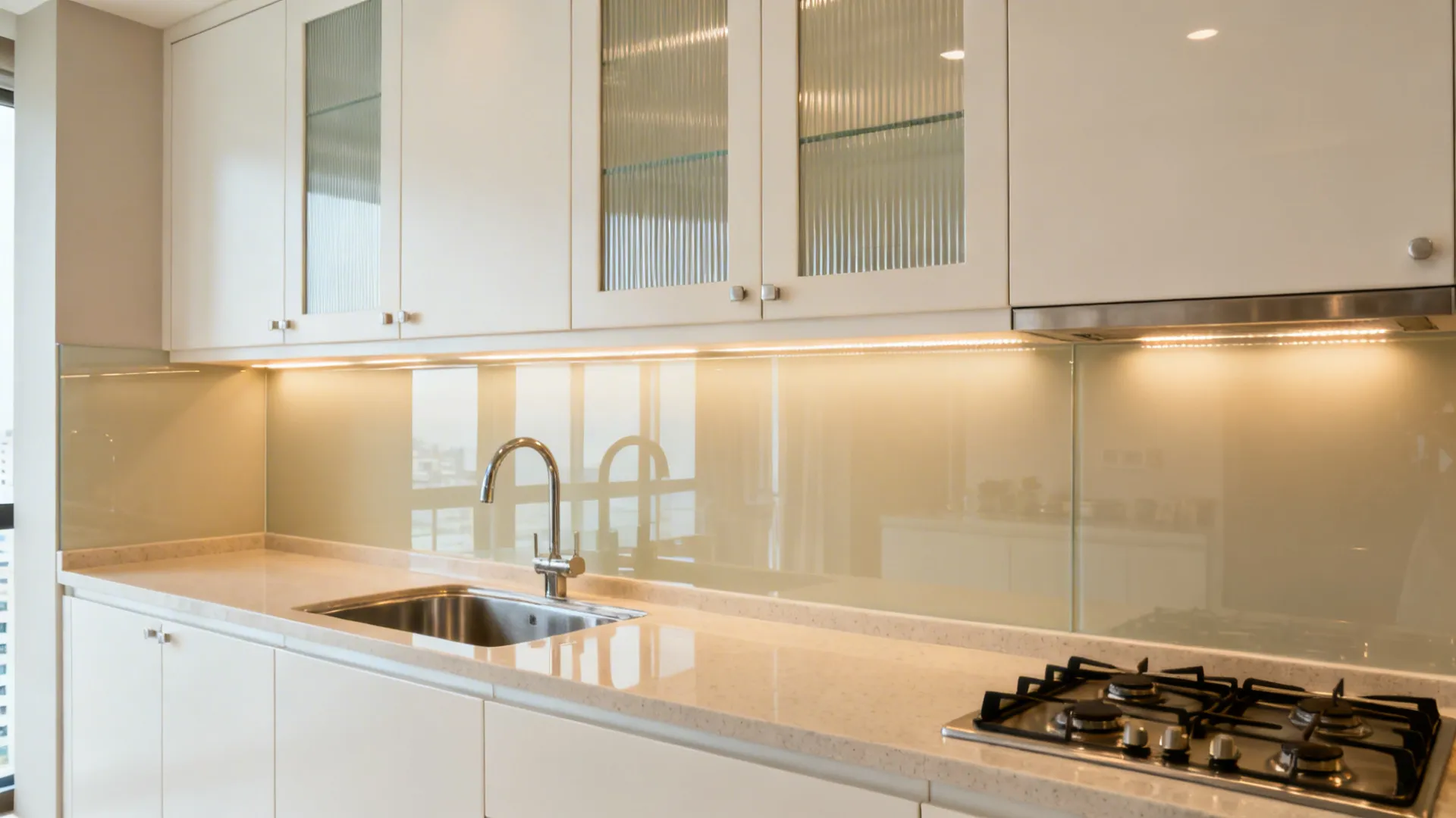 Small kitchen with glossy glass backsplash and satin light cabinets reflecting soft light.