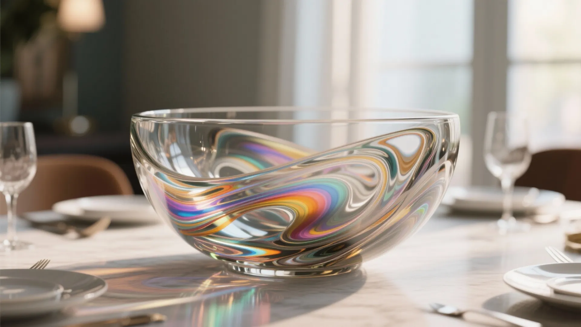 Modern decorative glass bowl with colorful wavy patterns placed on a white marble dining table