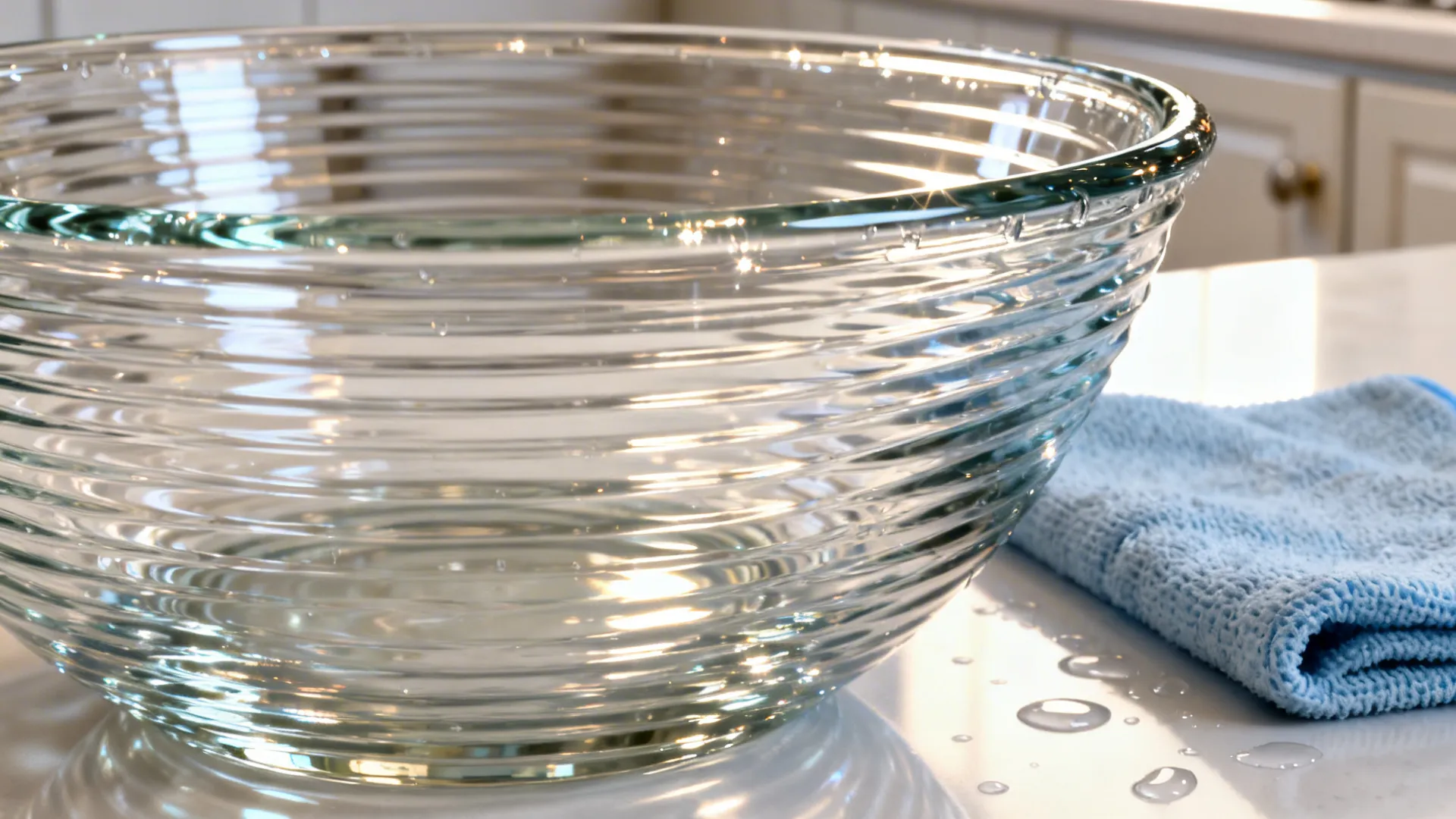 Macro of a rippled tempered glass bowl rim with clean highlights and microfiber cloth.