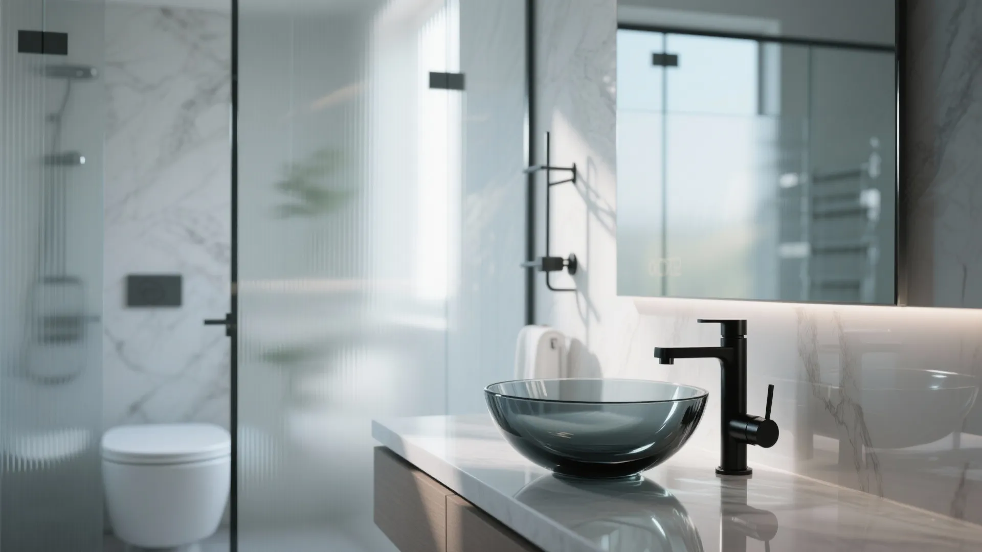 Smoked glass vessel sink paired with matte black tap in a modern bathroom