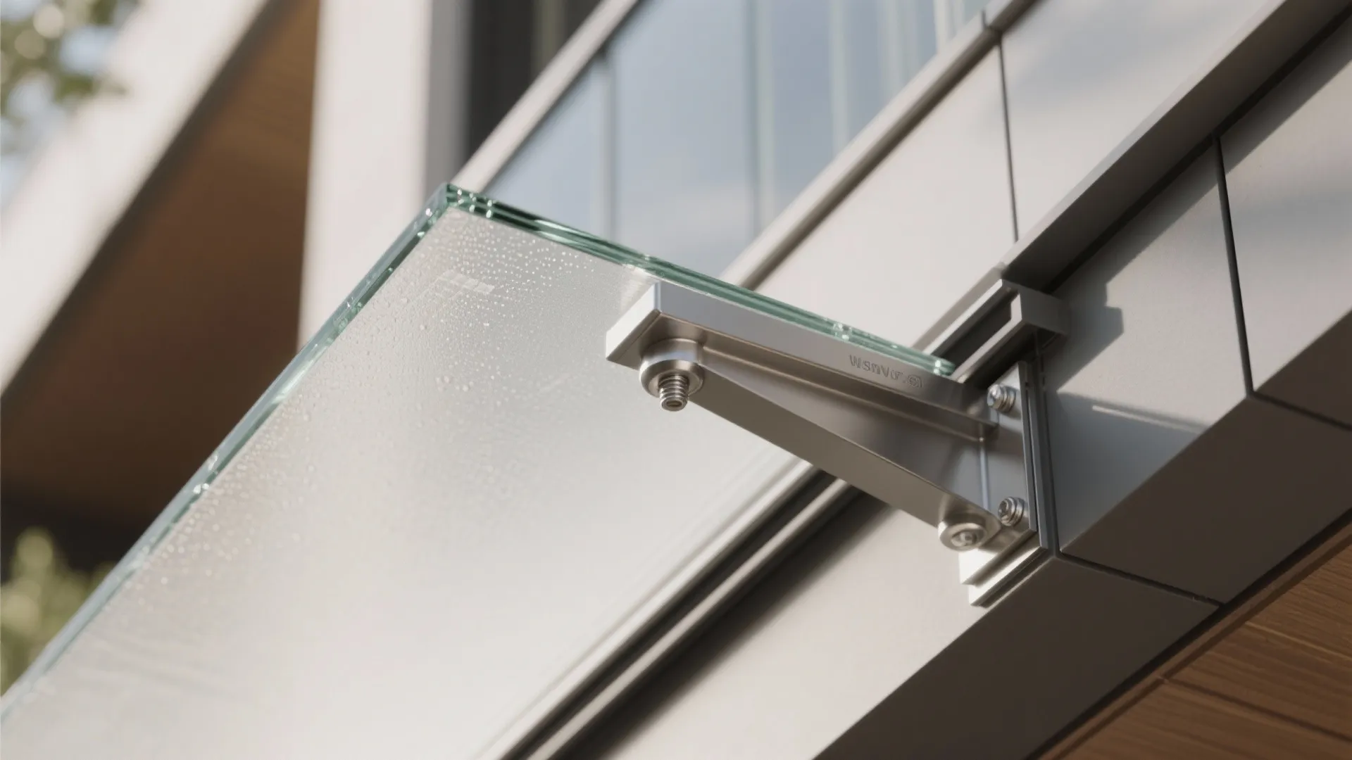 Close up view of a metal support bracket holding a clear glass panel for outdoor