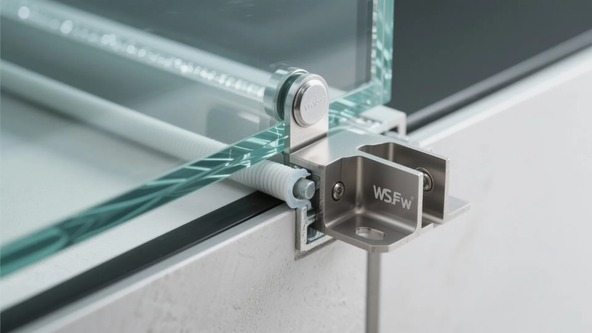 Close up view of a metal support bracket holding a glass panel on a balcony