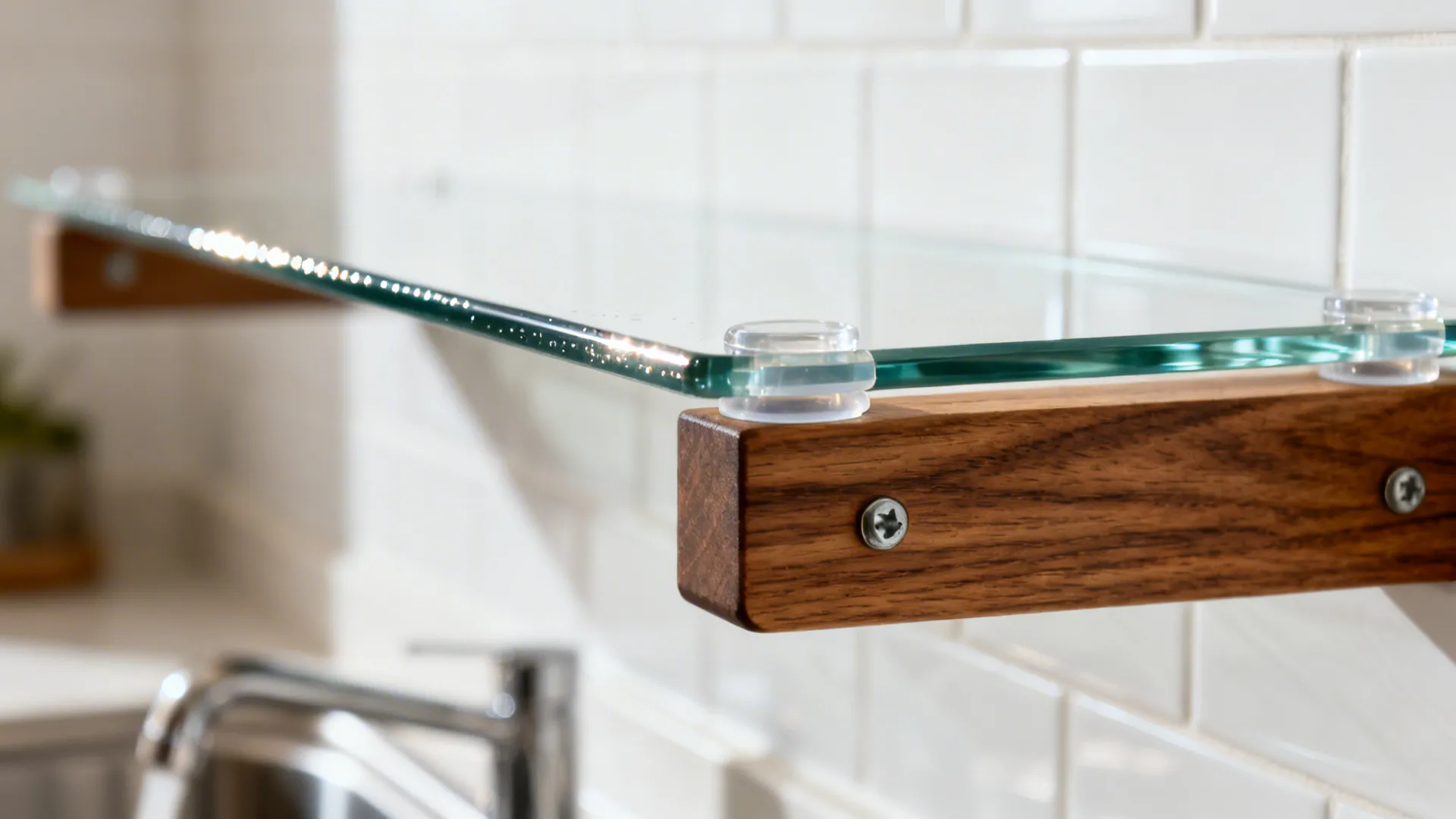 Close-up of a polished tempered-glass shelf resting on a sealed wood bracket.