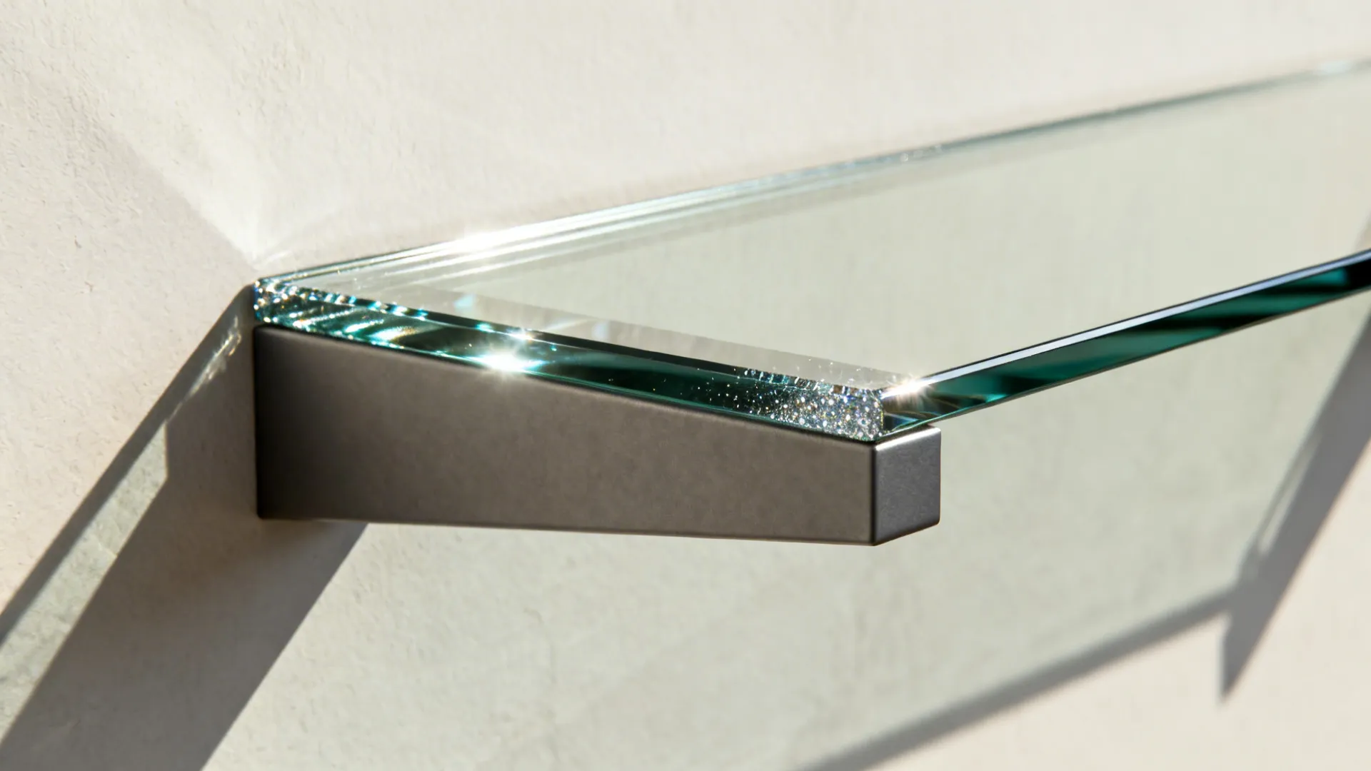 Close-up of a tempered glass shelf with a polished edge resting on a slim steel bracket.