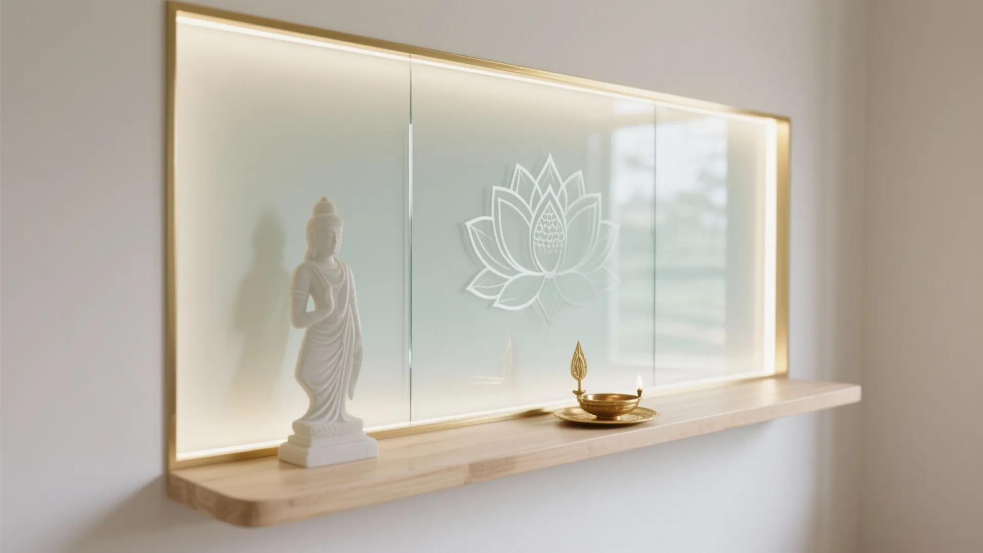 Minimalist prayer altar with a white statue on a wooden shelf and glass lotus panel