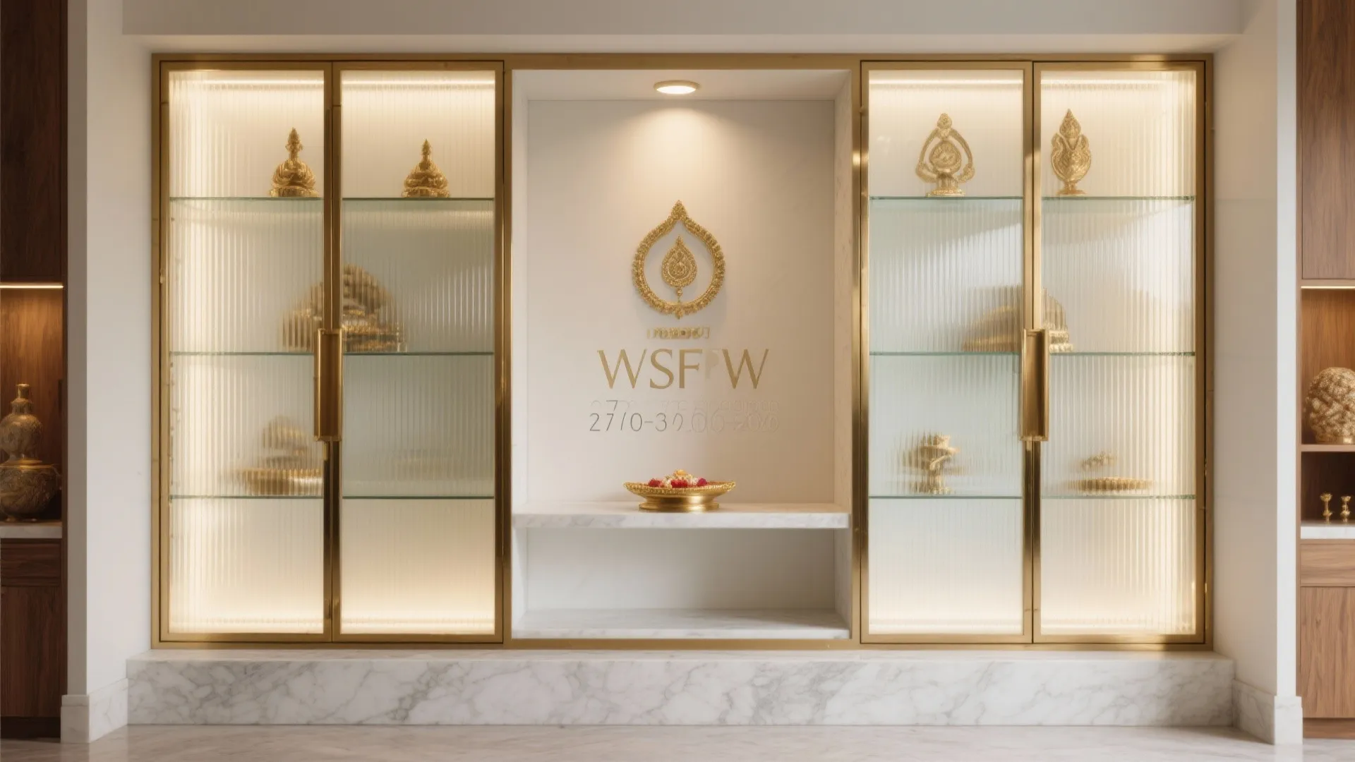 Glass-and-Brass Pooja Cabinet With Soft, Layered Lighting