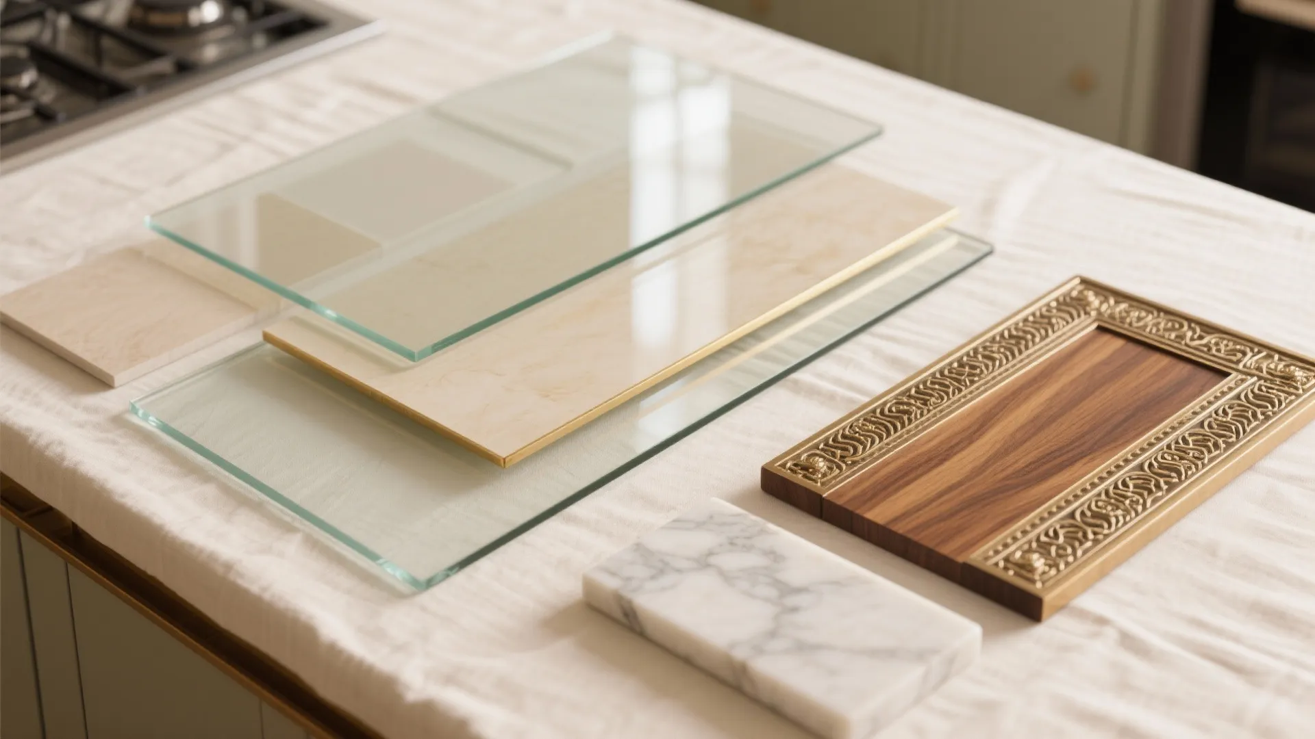 Glass backsplash with Awadhi brass accents