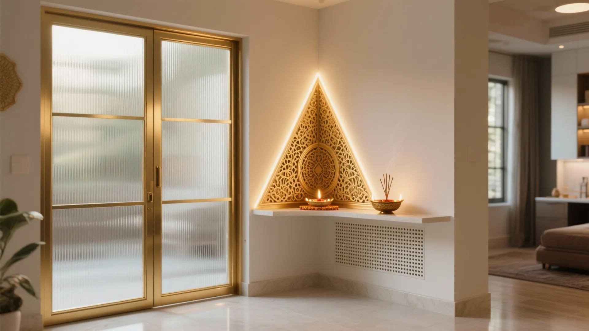 Glass-and-Brass Corner Shrine with Backlit Jaali