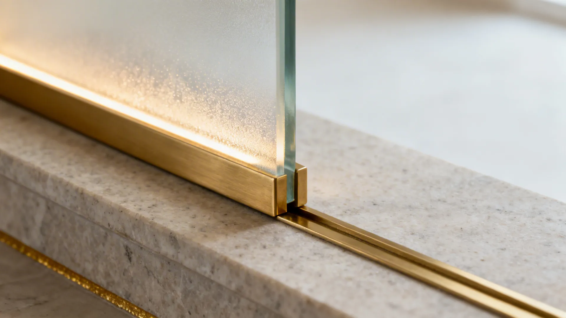 Macro of frosted glass and brushed brass trim with warm LED glow in a pooja niche.