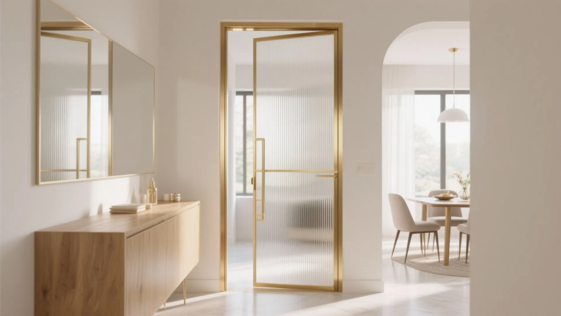 Modern ribbed glass door with gold frame leading to a bright dining room with table