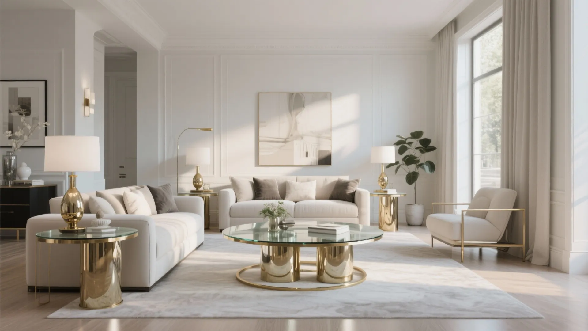 Glass top brass base end table in an elegant living room