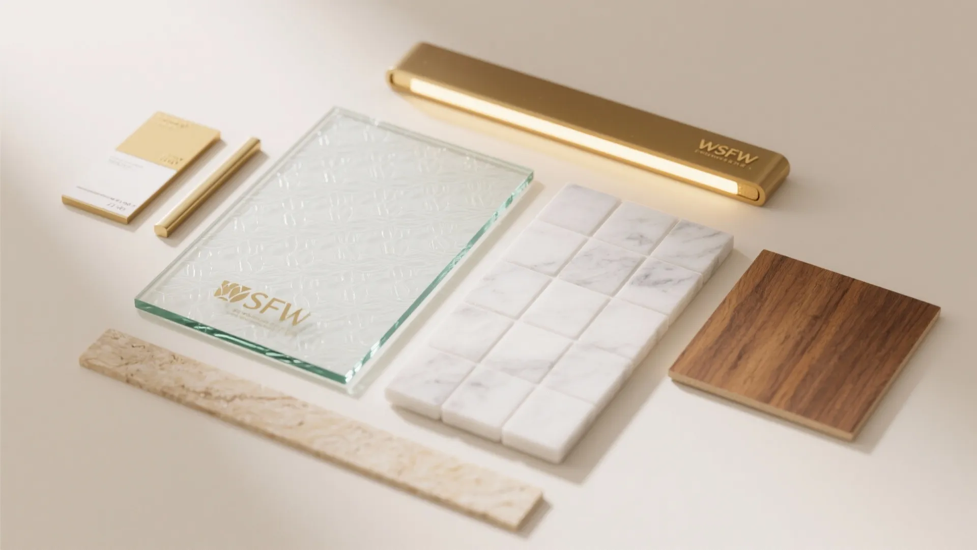 Interior design material board with glass samples white marble tiles wood piece and gold metal accessories